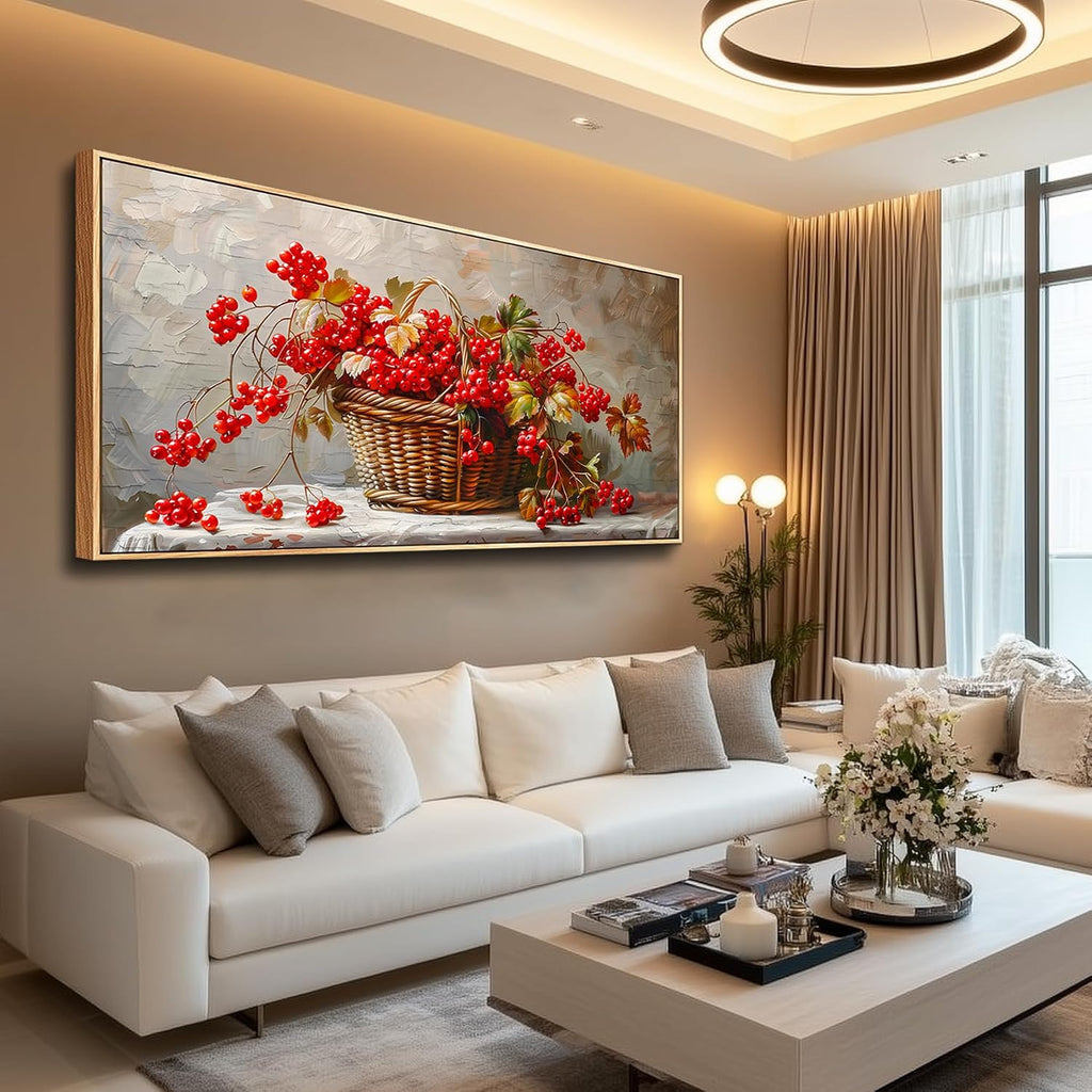PHAOHUAXM Canvas Wall Art For Living Room Restaurant Wall Decoration For Office Bedroom Bathroom Abstract Red Fruit Mural Wooden Frame Printing Picture Artworks Modern Home Decor Aesthetics 24'X48'