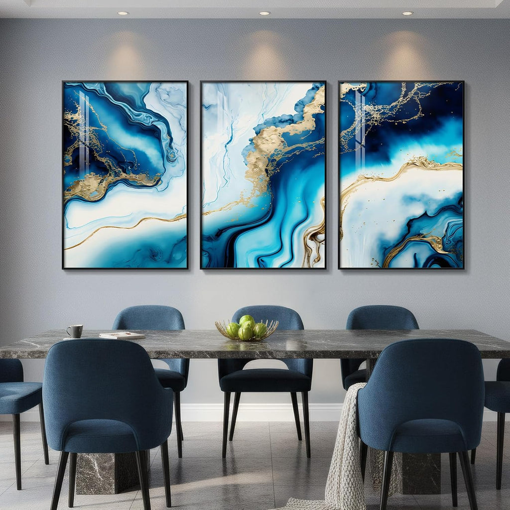 Large Framed Modern Elegant Abstract Wall Art for Living Room, 3 Piece Contemporary Blue and Gold Bright Prints Paintings Artwork for Walls, Luxury Pictures for Hallway Home Office Wall Decor 24x36 In