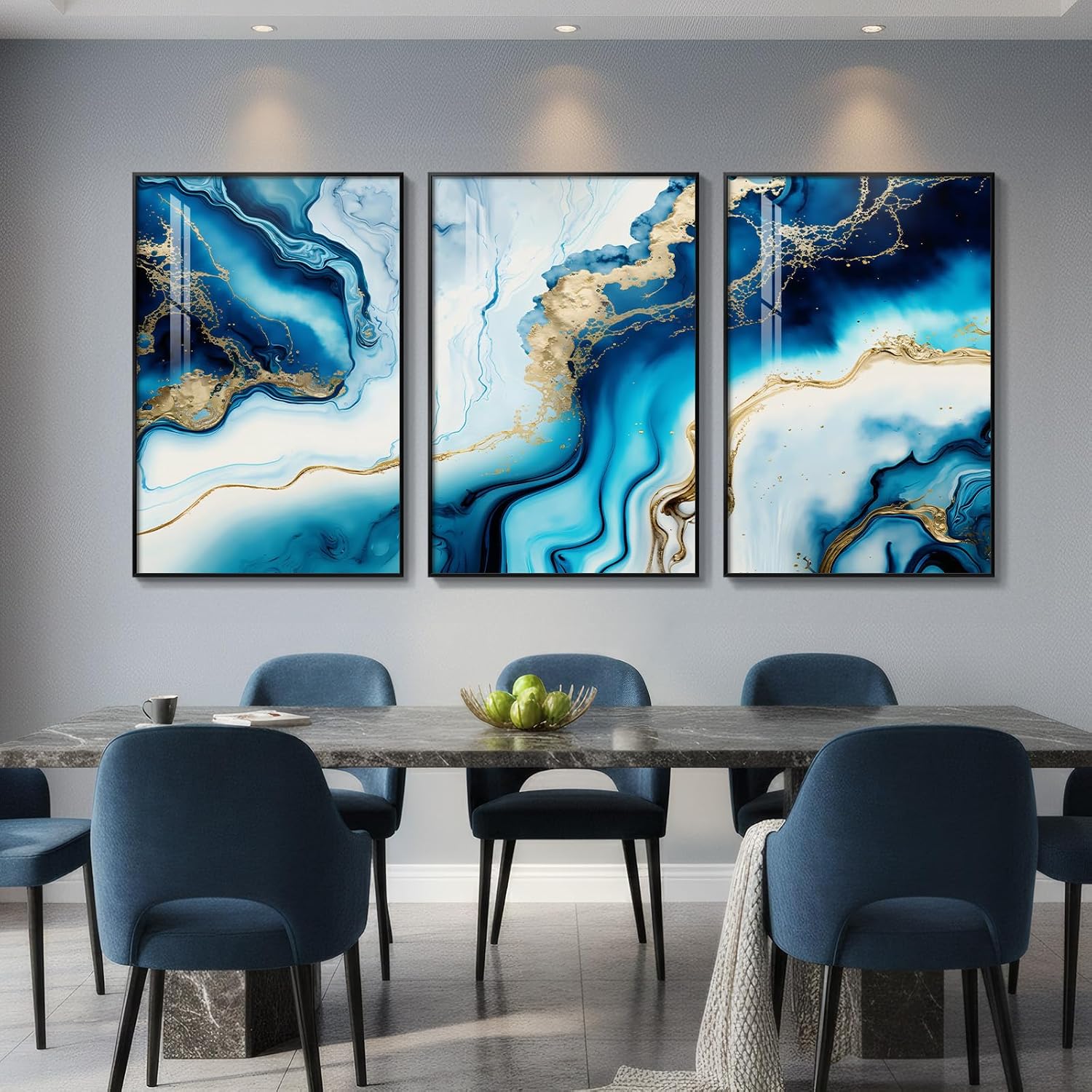 Large Framed Modern Elegant Abstract Wall Art for Living Room, 3 Piece Contemporary Blue and Gold Bright Prints Paintings Artwork for Walls, Luxury Pictures for Hallway Home Office Wall Decor 24x36 In