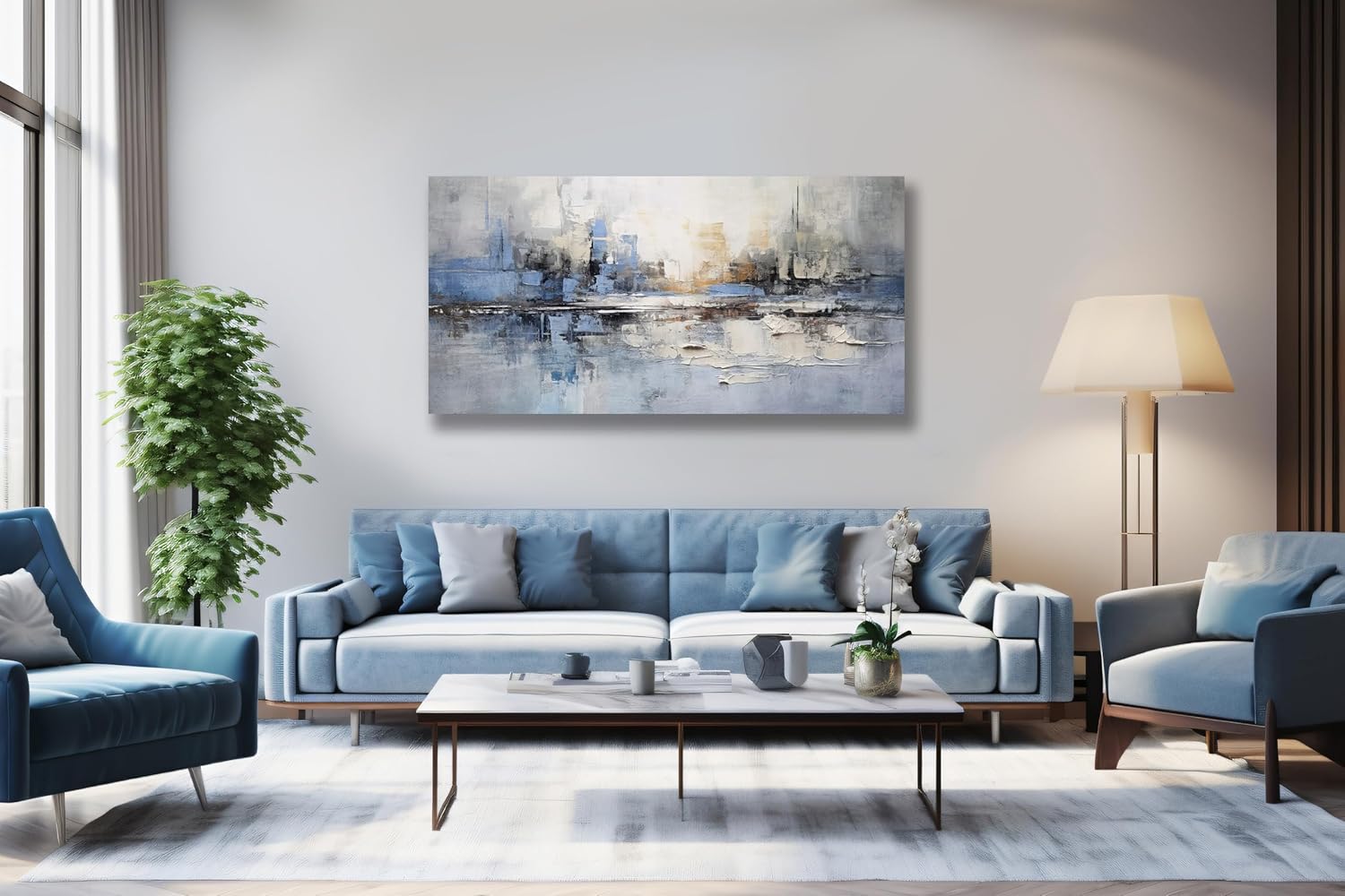 VHMING Abstract Wall Art Wall Decor Blue and Gray White Modern Canvas Wall Paintings Abstract Artwork for Living Room Bedroom Bathroom Office Home Decor Can Be Hung Directly 29'x 58'