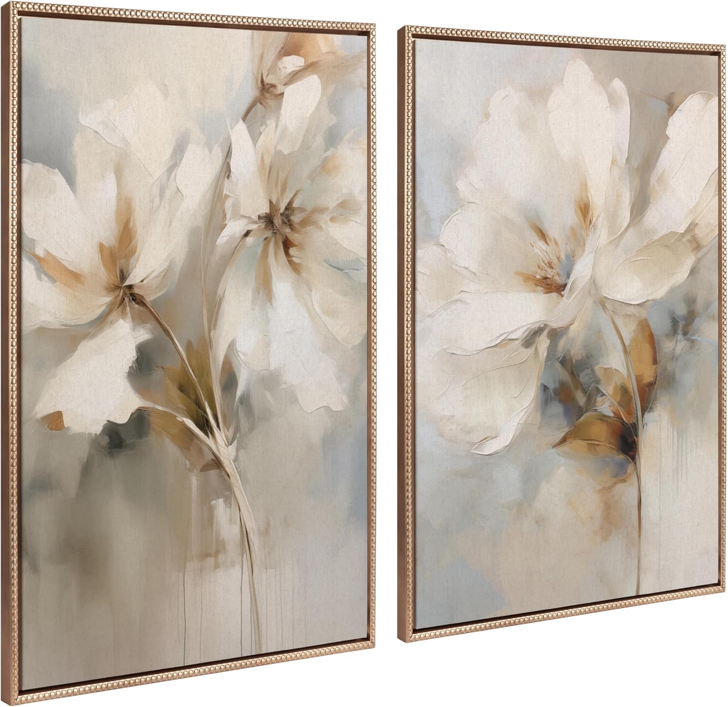 Kate and Laurel Sylvie Beaded Abstract Botanical Floral Linen Painting 1 and 2 Vintage Framed Canvas Wall Art Set by The Creative Bunch Studio, 2 Piece Set 28x38 Beaded Gold