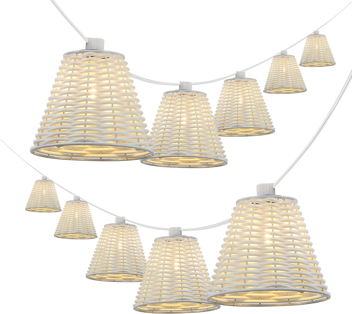 JONATHAN Y 10' White 10-Light Indoor/Outdoor LED String Lights for Patio, Classic Cottage Faux-Rattan Shaded Hanging Lights for Balcony, Deck, Coastal Decor (JYL8706B)