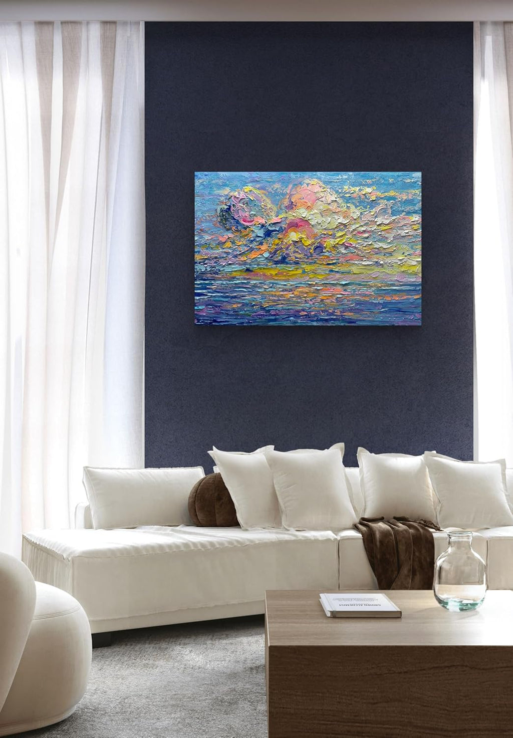 V-inspire Art,Sunset Painting on Canvas, 32x48 inches, Abstract Hand Drawn Oil and Acrylic, Blue, Decorative Wall Art for Living Room Bedroom Dining Room Office