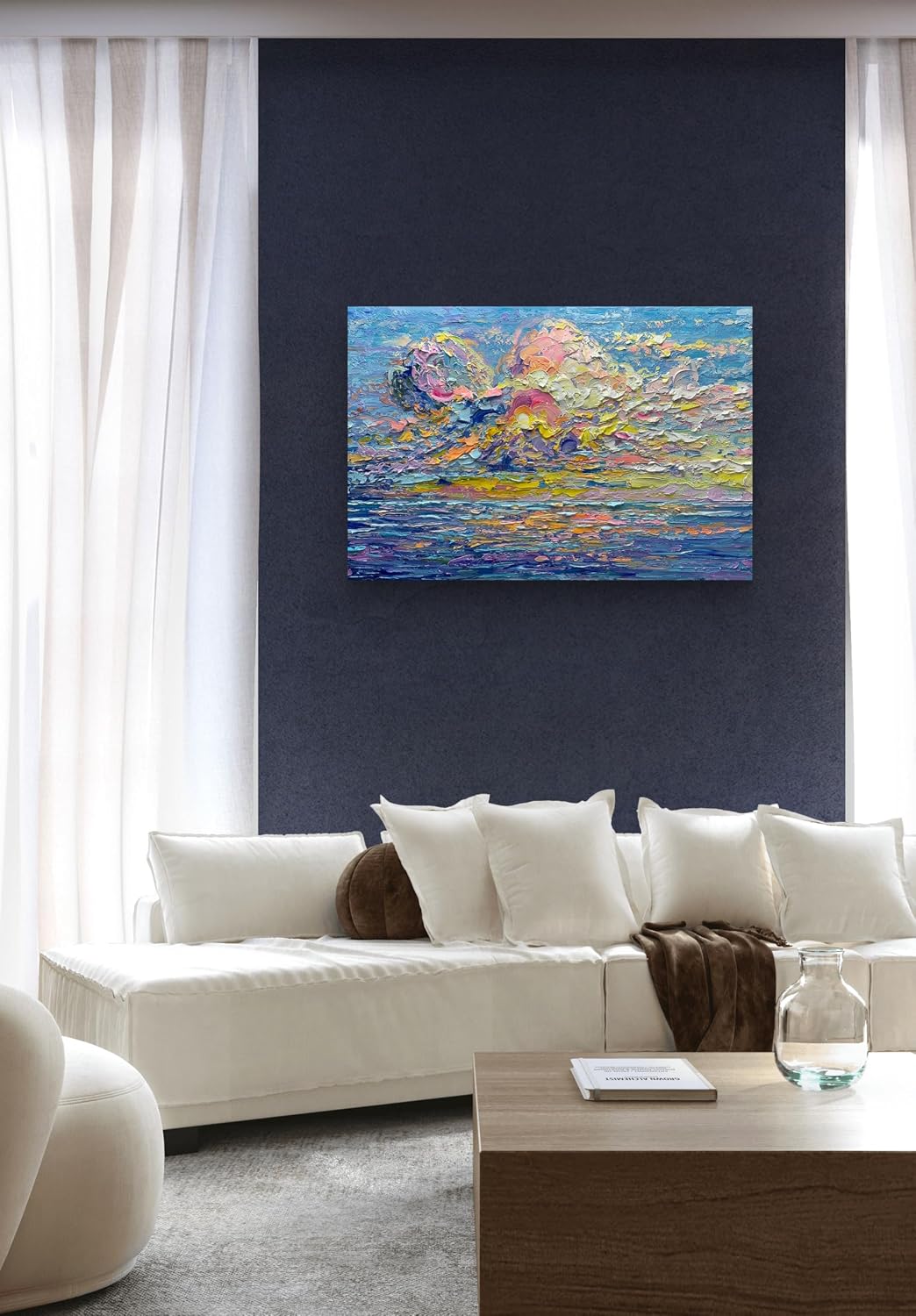 V-inspire Art,Sunset Painting on Canvas, 32x48 inches, Abstract Hand Drawn Oil and Acrylic, Blue, Decorative Wall Art for Living Room Bedroom Dining Room Office