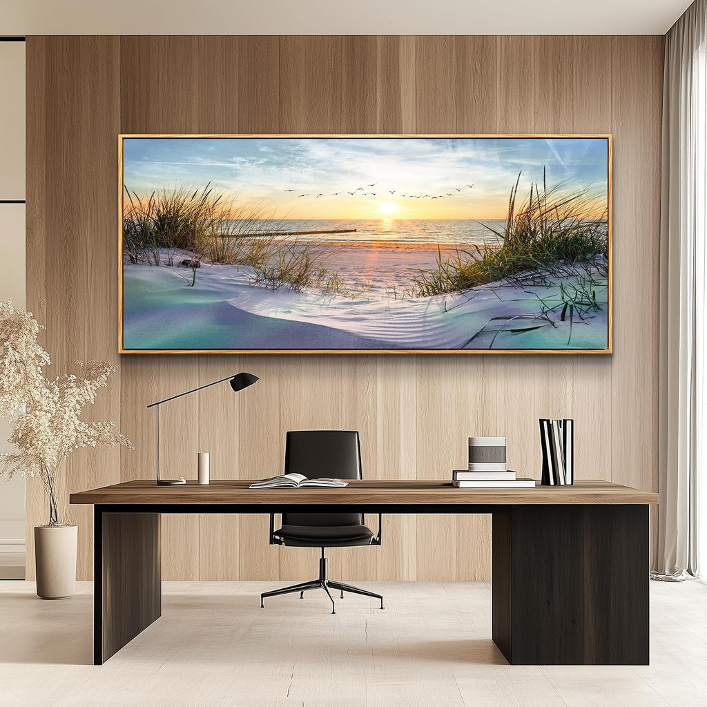 Wapluam Beach Wall Art For Living Room Coastal Canvas Prints Artwork Ocean Seascape Wall Paintings Nature Landscape Wall Decor Pictures for Bedroom Office Hotel Extra Large Framed Home Decor 32x72 In