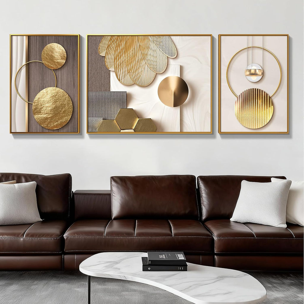 Azartslr Large Framed Modern Rose Gold Wall Art, Luxury 3 Pieces Aluminum Alloy Wall Decor for Living Room, Abstract Gold and Beige Home Bedroom Art Painting, Geometric Crystal Porcelain Artwork Dining Room Pictures Decoration