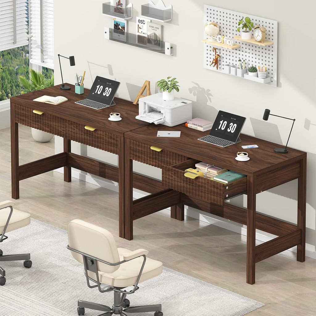 YOMILUVE Fluted Computer Desk with 2 Drawers, 39 Inch Small Computer Desk with Storage, Compact Writing Study Desk for Small Spaces, Walnut