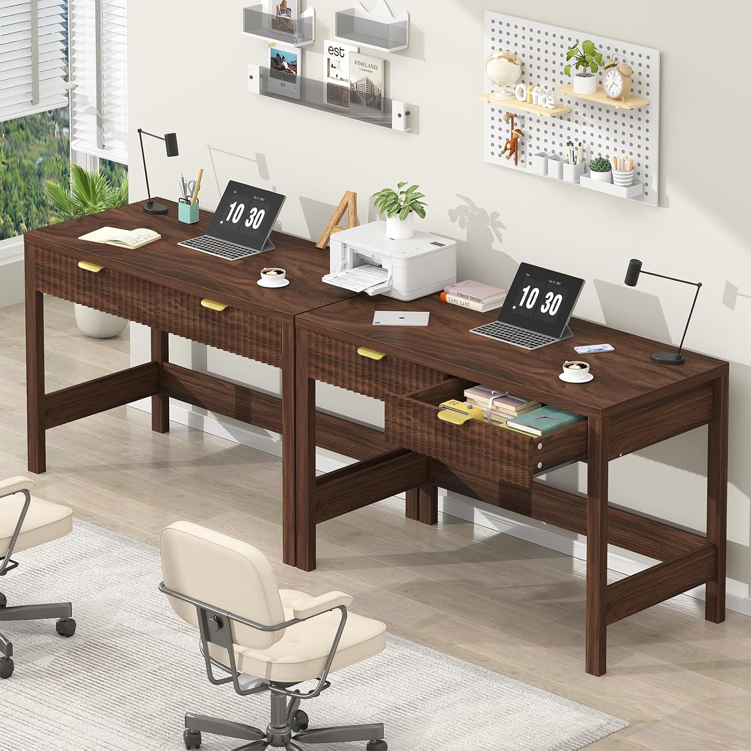 YOMILUVE Fluted Computer Desk with 2 Drawers, 39 Inch Small Computer Desk with Storage, Compact Writing Study Desk for Small Spaces, Walnut