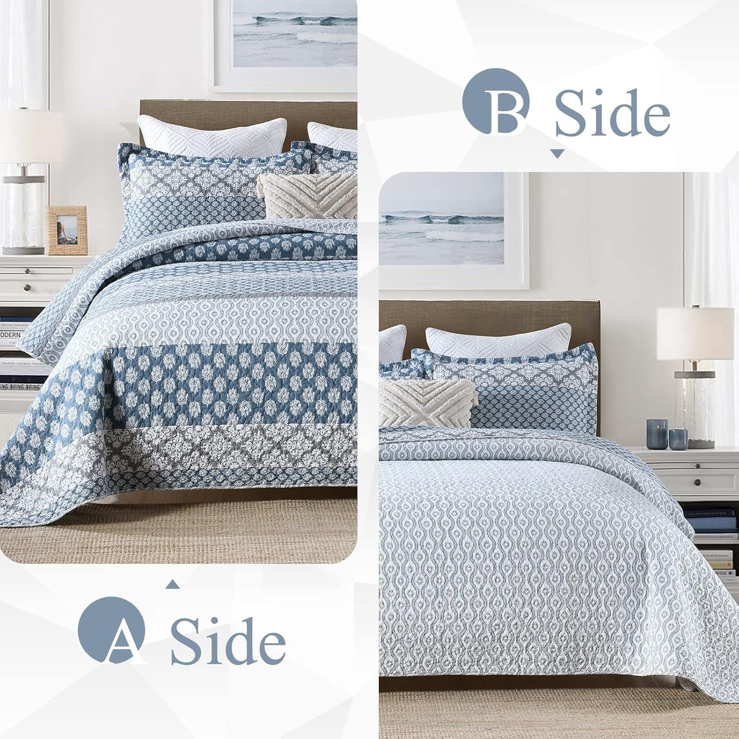 DDUOXIN Floral Quilt King Size - 100% Cotton Reversible King Quilt with 2 Pillow Shams, Farmhouse Soft Bedspreads Lightweight Stripe Quilts Bedding Set, Country Blue/Grey