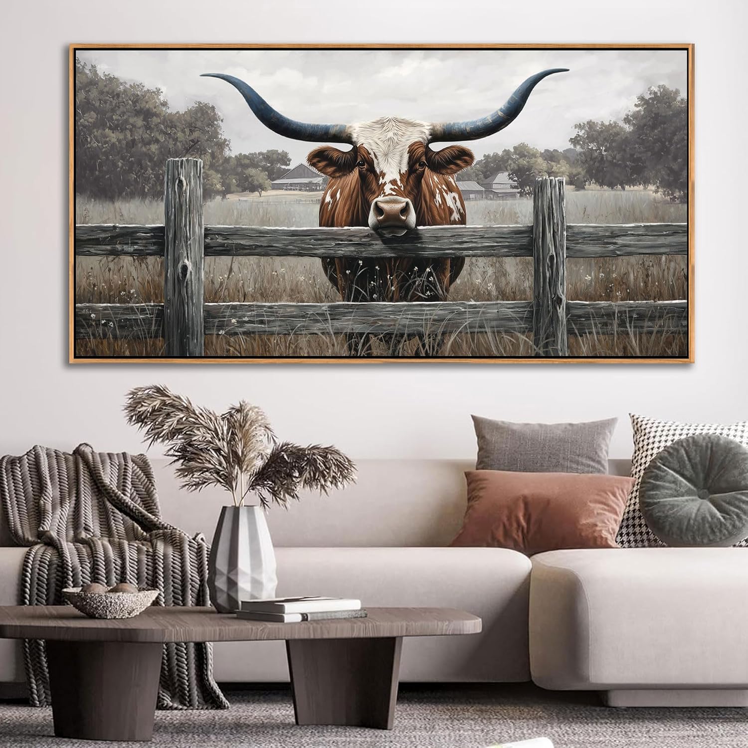 Highland Cow Wall Art - Rustic Farmhouse Wall Art for Country Wall Decor, Vintage Artwork for Walls, Framed Pictures for Living Room, Large Canvas Painting for Bedroom Above Bed 24×48IN