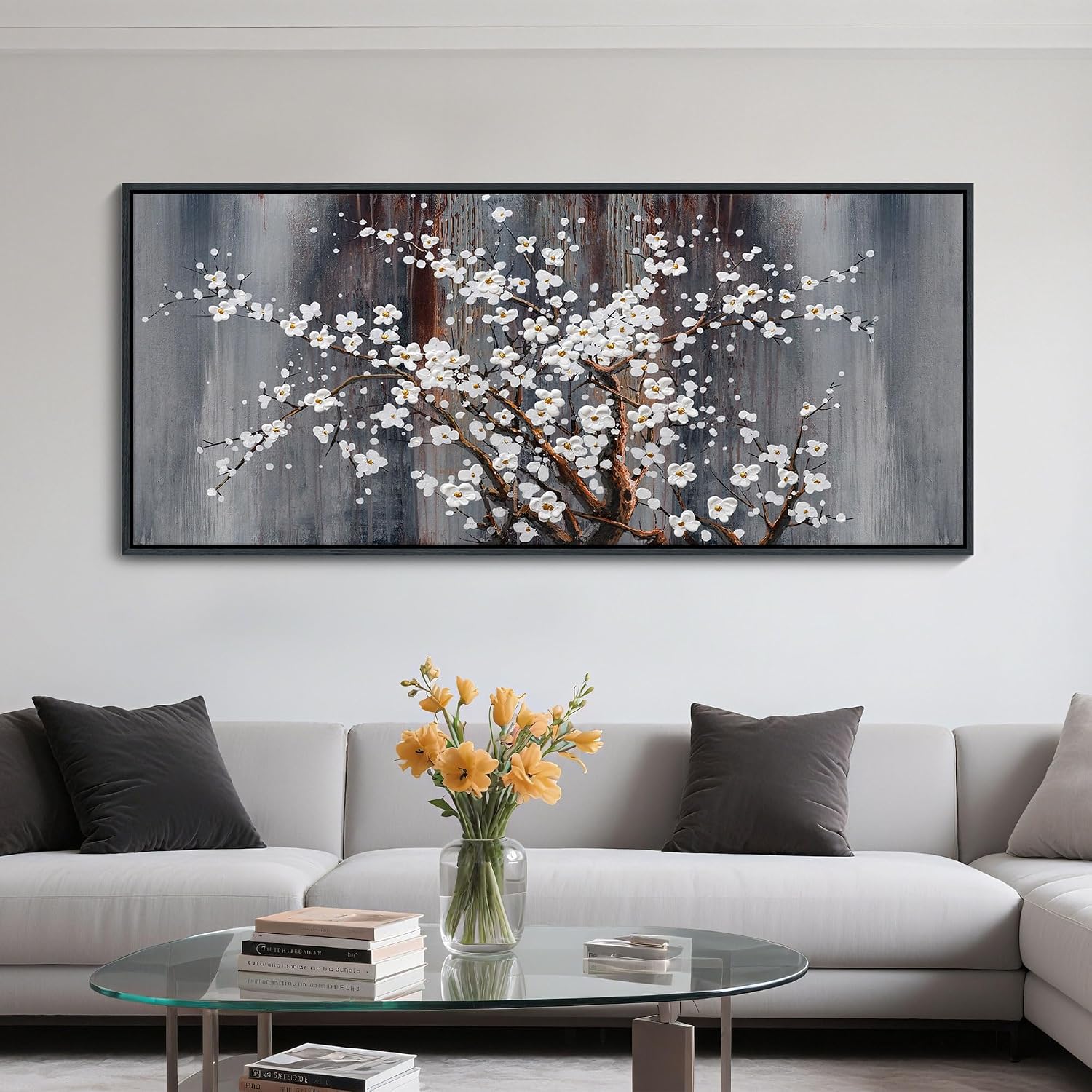 AJAZIKO Large Plum Blossom Canvas Wall Art, Brown Wall Decor, Living Room Cherry Blossom Bedroom Pictures, Framed Artwork, Modern Canvas Paintings, 31x70