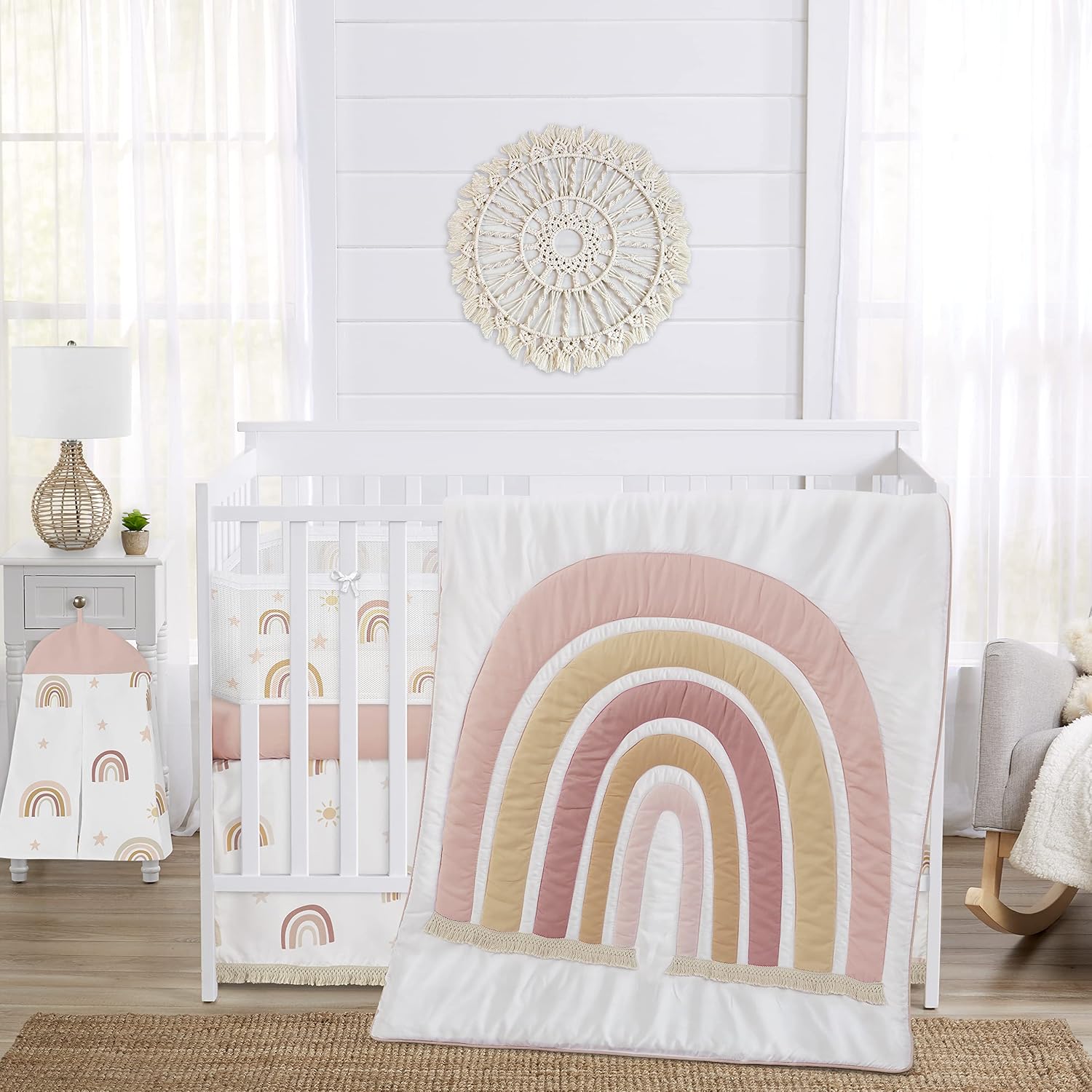 Sweet Jojo Designs Boho Rainbow Girl Baby Crib Bedding Set Infant Nursery BreathableBaby Breathable Mesh Crib Liner Blanket Sheet Skirt 6 PC Blush Pink Yellow Bohemian Neutral Vintage Mauve Stars Sun