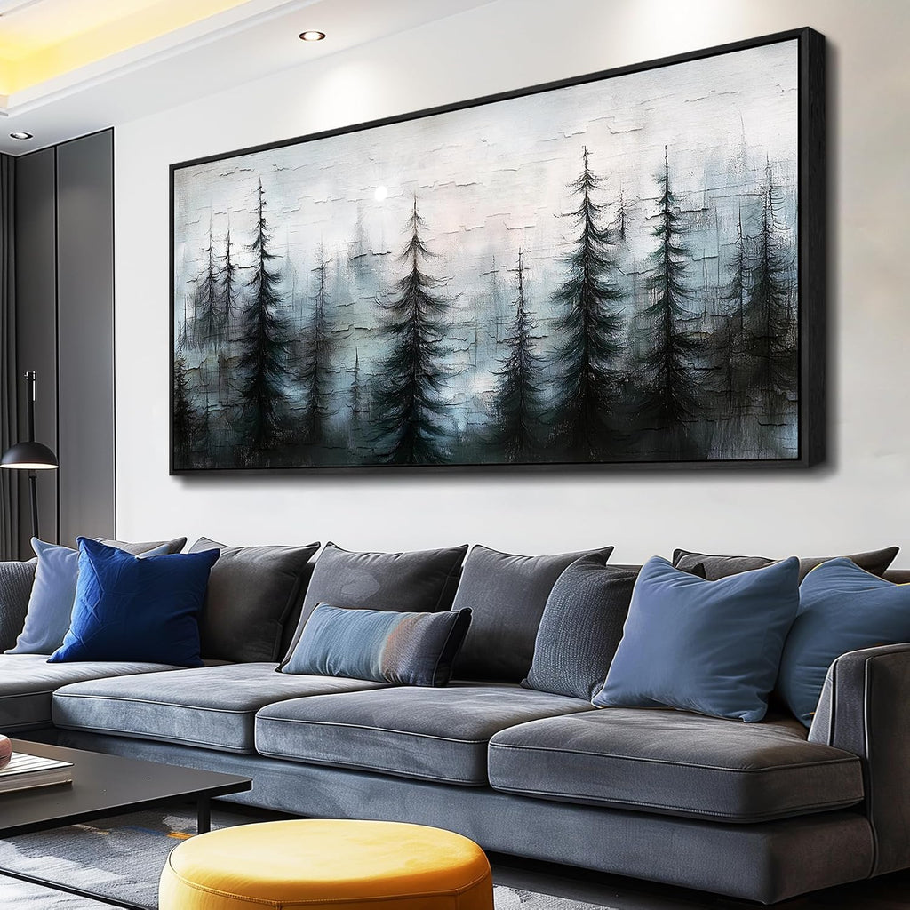 XIGUANGART Misty Forest Canvas Wall Art Nature Landscape Pictures Farmhouse Abstract Tree Watercolour Painting Wall Decor Living Room, Bedroom Home Office Decorations Artwork Black Framed Large 60x30