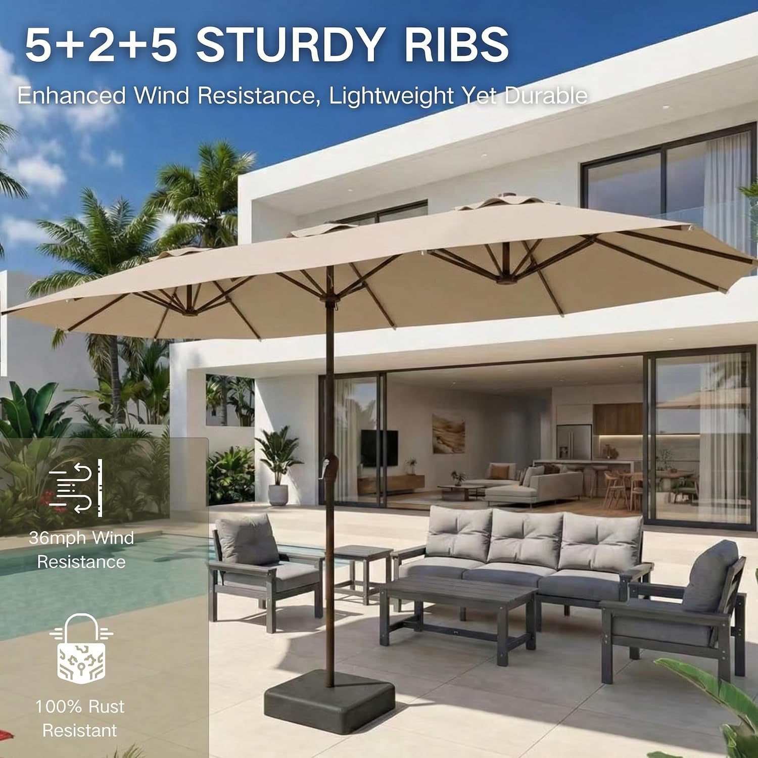 Kingdura 15ft Large Patio Umbrella with Base Included, Double-Sided Rectangle Outdoor Table Umbrella with 12 Reinforced Ribs, Crank Lift for Market Pool Deck Backyard, Beige
