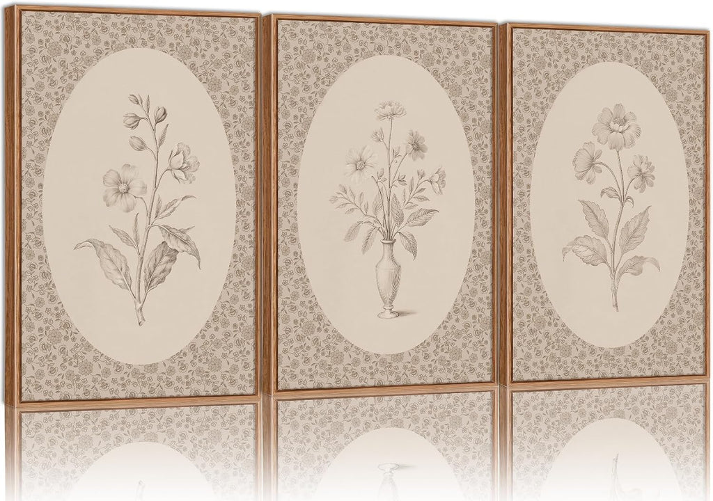 Rantodecor Vintage Flower Framed Canvas Wall Art Triptych, Rustic Floral Wall Decor, Retro Sketch Botanical Art Paintings, Antique French Cottage Artwork for Girls Bedroom Living Room Bathroom 24'x36'
