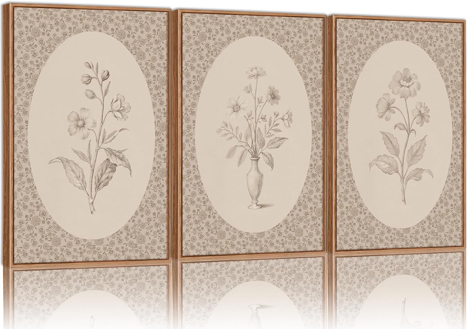 Rantodecor Vintage Flower Framed Canvas Wall Art Triptych, Rustic Floral Wall Decor, Retro Sketch Botanical Art Paintings, Antique French Cottage Artwork for Girls Bedroom Living Room Bathroom 24'x36'