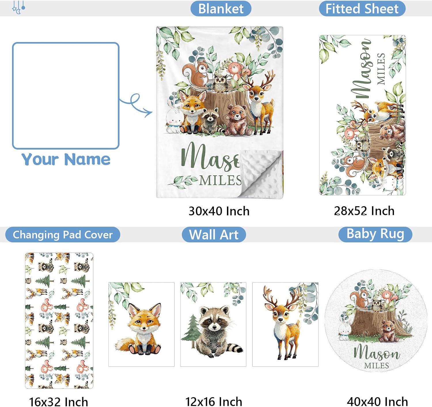 KAINSY Custom Crib Bedding Set 5 Piece for Girls Boys – Personalized Forest Animals Theme, Newborn Sleep Set, Nursery Decor, Toddler Room Essentials, Infant Sleep, Baby Room Accessories, Baby Gift