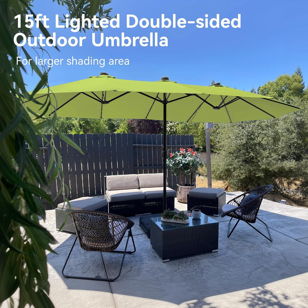 PHI VILLA 15 ft Umbrella Outdoor Patio Solar Lights with Base, Outdoor Double-Sided Large Market Rectangle Umbrellas with 36 LED Lights, Lime Green