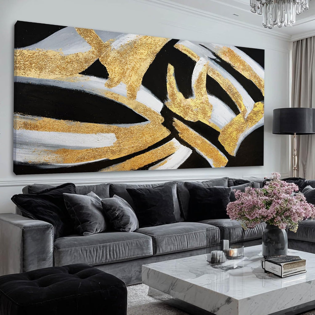 Kureful Line Wall Decor Black and Gold Canvas Art Large Dining Room Wall Pictures 29'x58' Wall Decorations for Living Room Textured Artwork