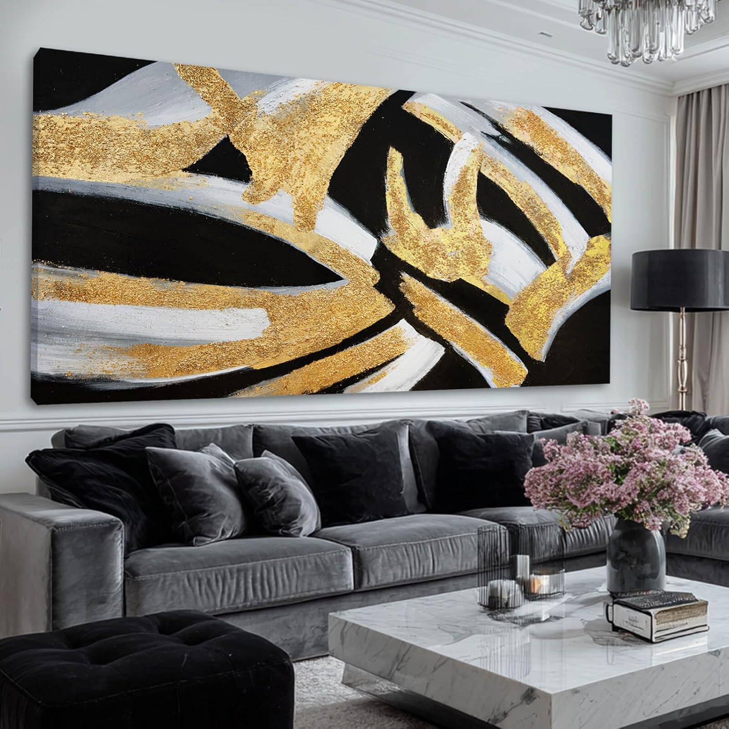 Kureful Line Wall Decor Black and Gold Canvas Art Large Dining Room Wall Pictures 29'x58' Wall Decorations for Living Room Textured Artwork