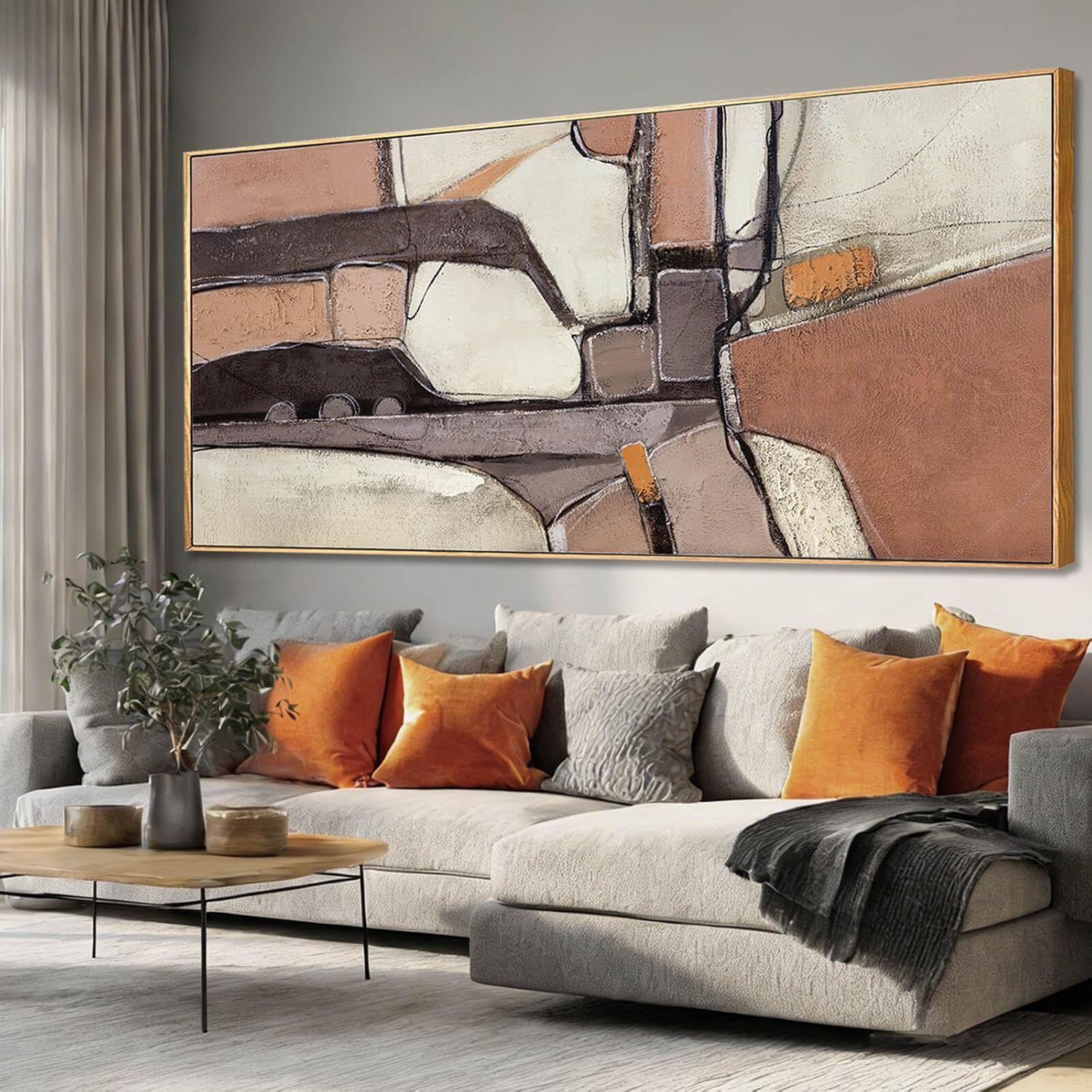 ZENPEE Brown & Grey Abstract Canvas Wall Art 32x71, Neutral Off-White Geometric Design with Wooden Frame, Modern Oversized wall art for living room