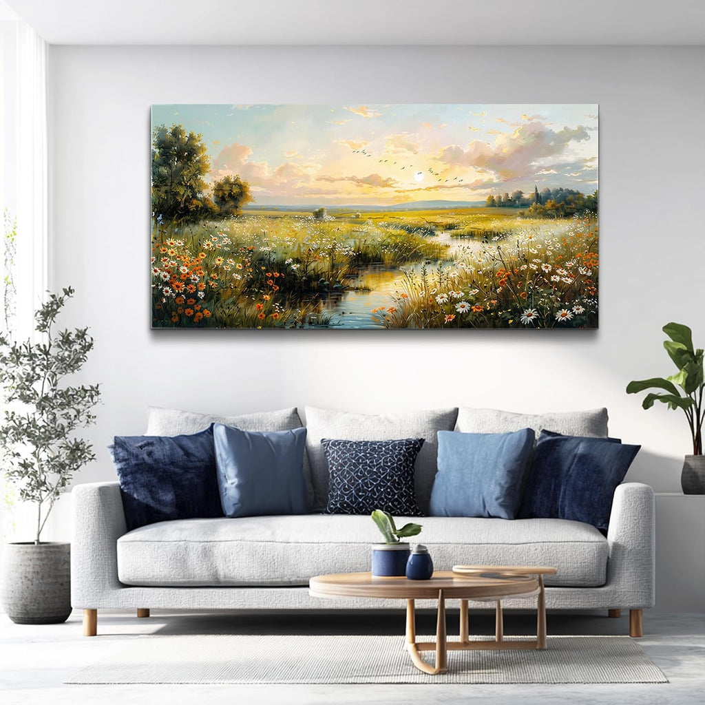 XIGUANGART Rustic Landscape Wall Art Canvas Prints Nature River Meadow flowers Wall Decor Sunset Pastoral Abstract Pictures Modern Artwork for Living Room Bedroom Kitchen Office Large Home Decorations