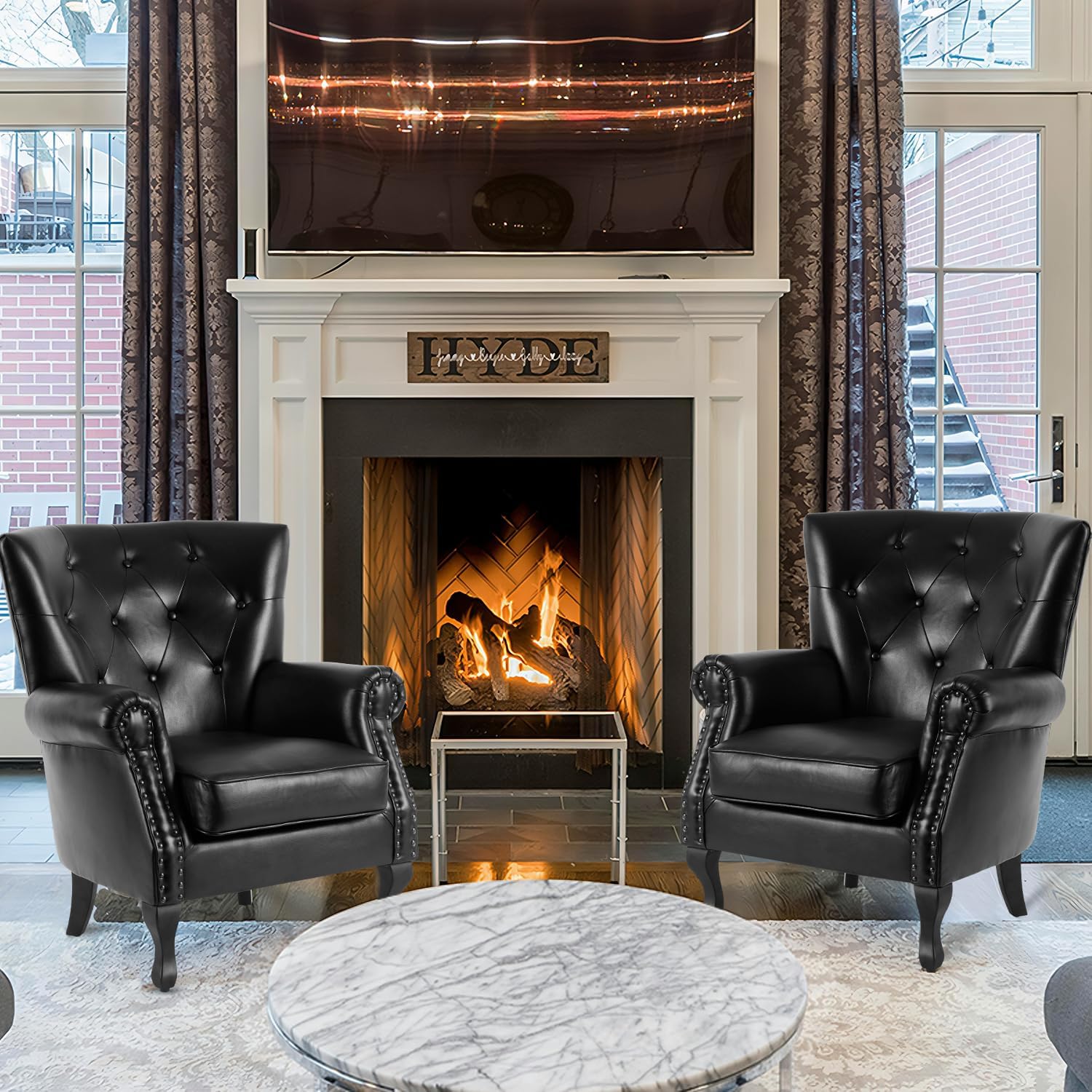 MOJAY PU Leather Accent Chair Set of 2, Modern Armchair Living Room Chair, Upholstered Club Chair with Rivet Trim, Mid-Century Sofa Chair with Sturdy Wood Legs for Bedroom (Black)