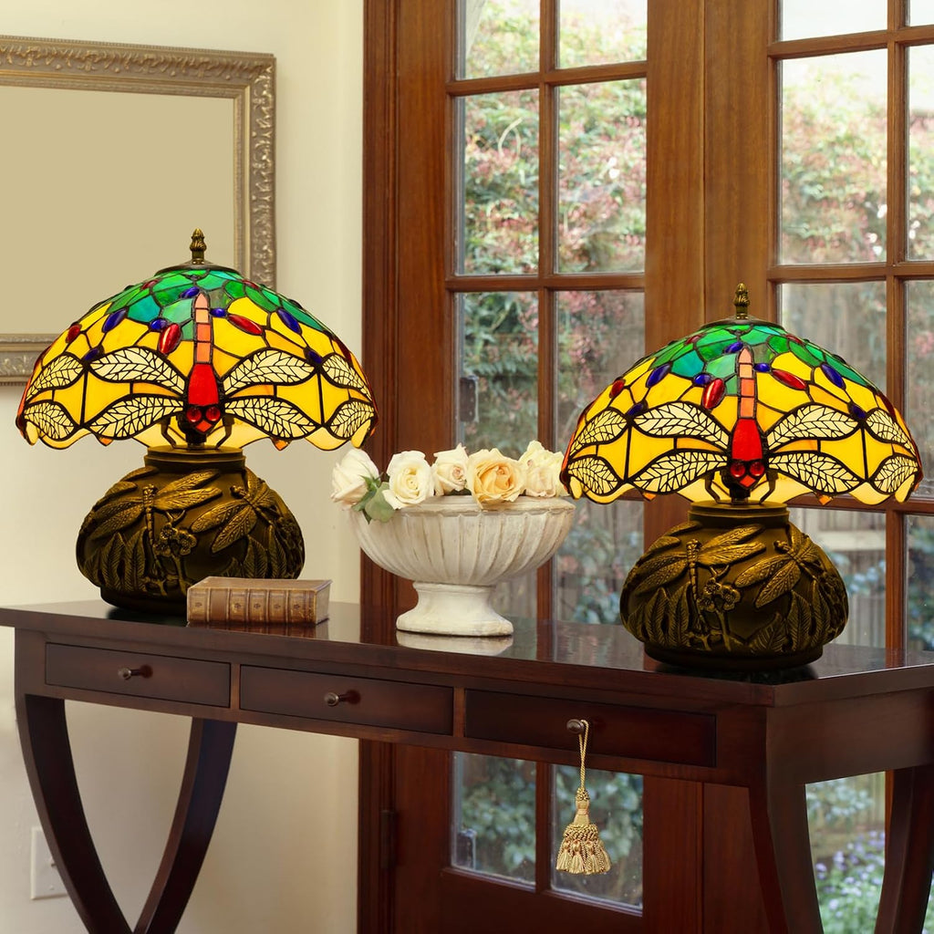 Tiffany Lamp,12 inch Stained Glass Lamp,Dragonfly Tiffany Style Table Lamp Included E26 LED with Remote Control for Bedside,Living Room,Dining Table,Antique Office(Blue Leaf)