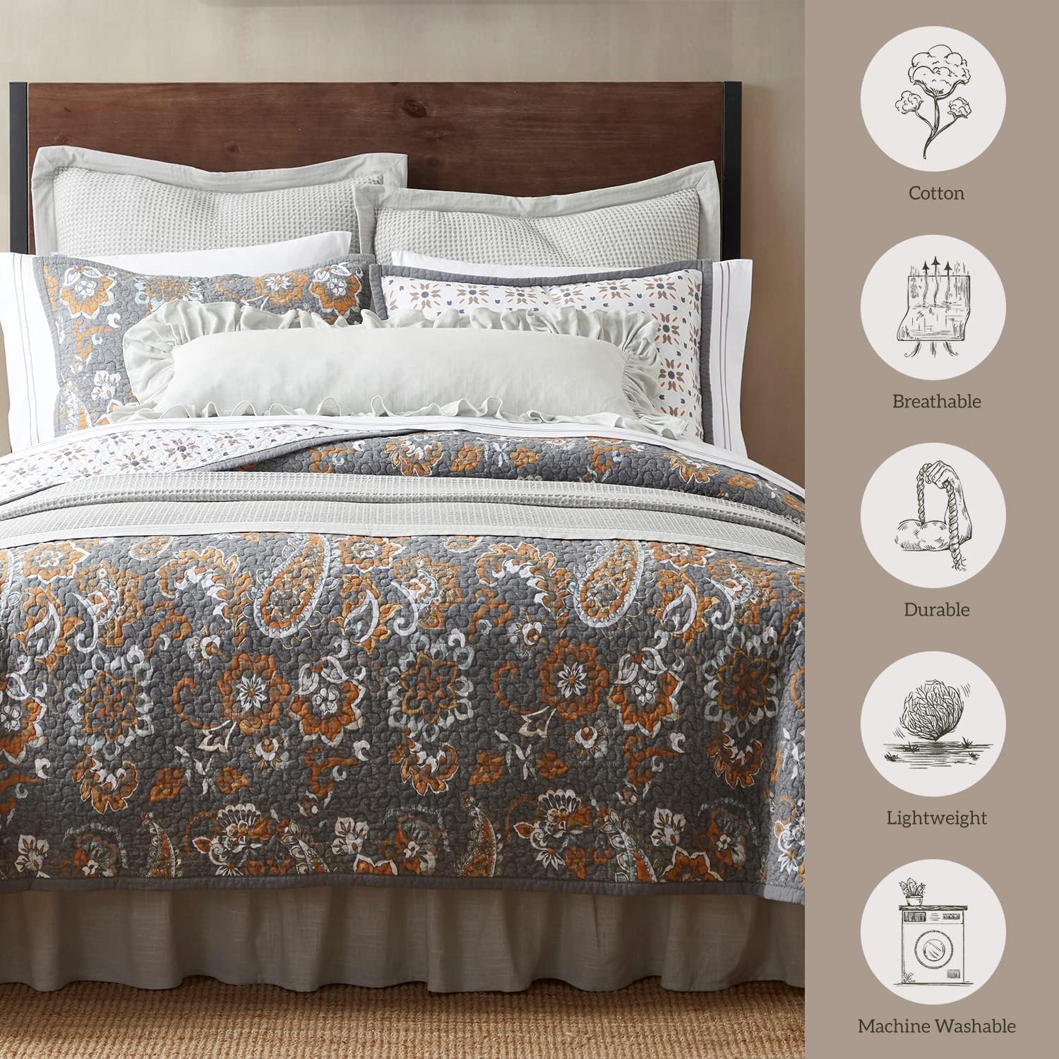 Paseo Road Abbie 3 Piece Quilt Set with Pillow Shams, Gray, King Size, Cotton Reversible Bed Set, Western Floral Farmhouse Style Bedding Set, 1 Quilt and 2 Pillow Cases