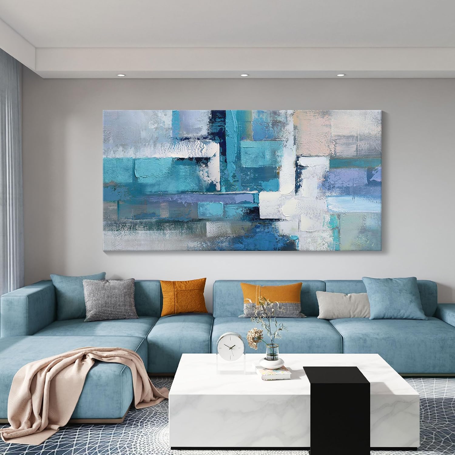 AJAZIKO Large Living Room Wall Art, Modern Wall Decor - Blue Abstract Canvas Artwork, Pictures for Office Wall Decor, Suitable for Bedroom and Living Room Decor, 29x58IN