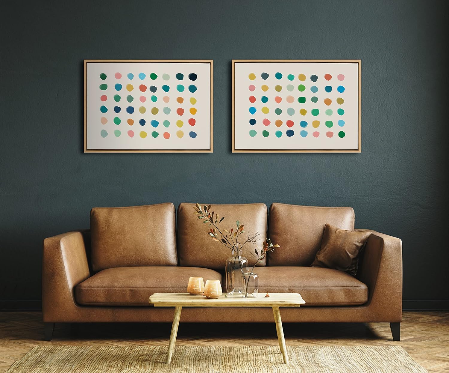 Kate and Laurel Sylvie Meditation 1 and 2 Framed Canvas Wall Art Set by Kelly Knaga; 2 Piece 23x33 Natural; Modern Abstract Colorful Polka Dot Art Set for Wall Home Decor