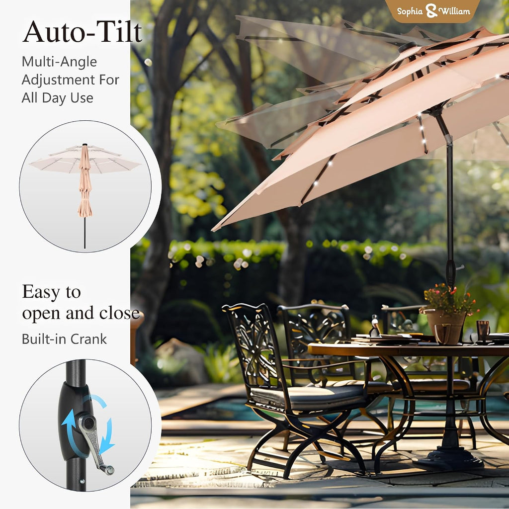 Sophia & William 10ft Patio Umbrellas 3-Tier Umbrella Outdoor Patio Umbrellas with Lights Vented Top 24 LED lights Adjustable Tilt for Pool Garden Backyard, Beige