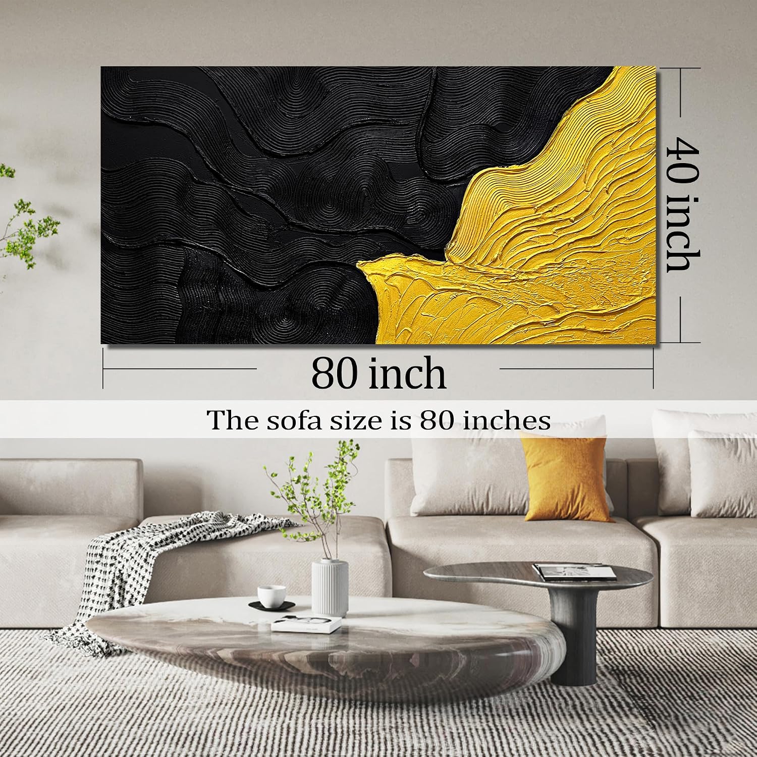 Modern Wall Decor for Office Black and Gold Hand Painted Wall Art for Living Room Huge Canvas Wall Art for Hotel Size 40 x 80 Inch