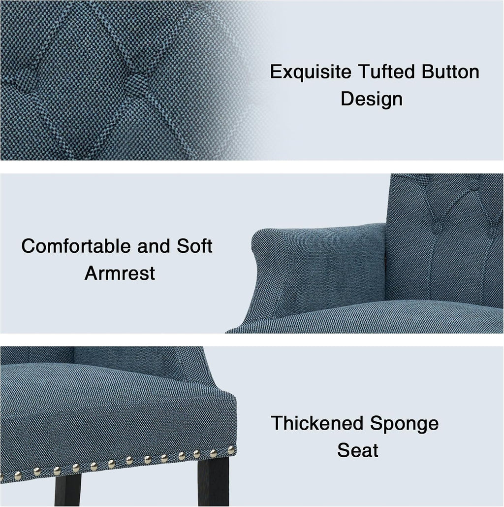 LOULENS Fabric Dining Chairs, Upholstered Tufted Armrest Chairs, Accent Chairs with Nailhead Trim, Black Solid Wood Legs for Home, Kitchen Living Room, Light Blue