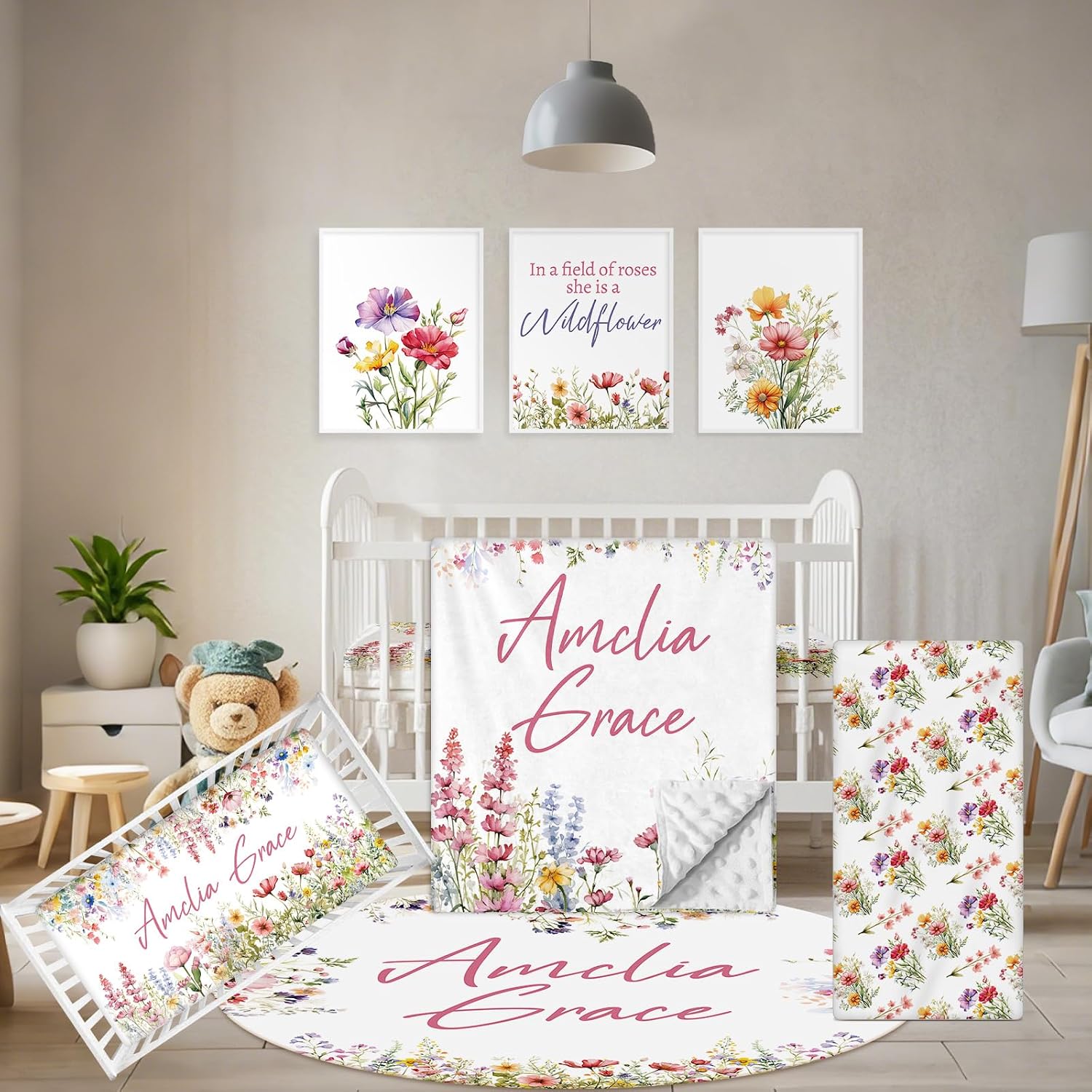 Terwex Custom Crib Bedding Set - 5 Pcs Customized Baby Crib Set with Name - Soft Double Layer Flower Nursery Baby Bedding Set for Girls Boys - Personalized for Infants Toddlers
