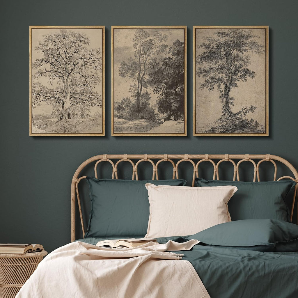 SIGNFORD Framed Canvas Print Wall Art Set Classic Botanical Sketches Black and White Tree Drawings Illustrations Modern Art Relax/Calm for Living Room, Bedroom, Office - 24'x36'x3 Natural