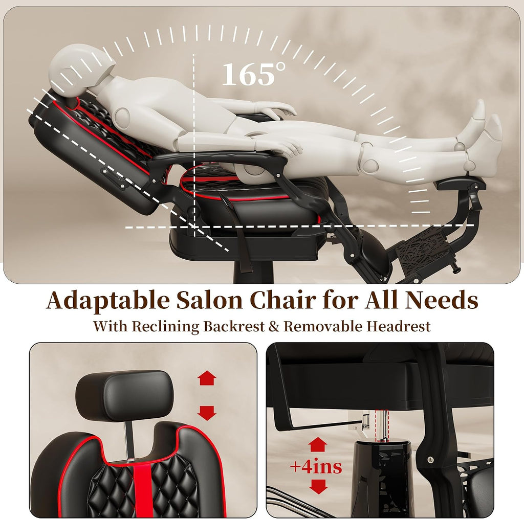 Baasha Professional Reclining Barber Chair with Adjustable Headrest, Hydraulic Heavy-Duty Base, Soft Upholstery & Thick Cushion, Tattoo & Hair Salon Chair, 550 lbs Capacity