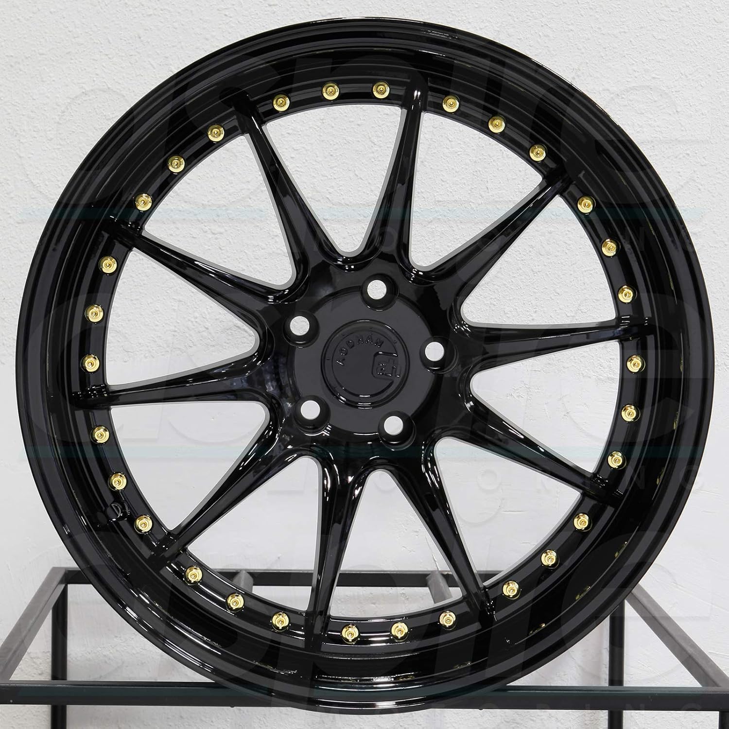 Aodhan DS-07 Custom Wheel - 18x9.5, 22 Offset, 5x114.3 Bolt Pattern, 73.1mm Hub - Gloss Black with Gold Rivets Rim