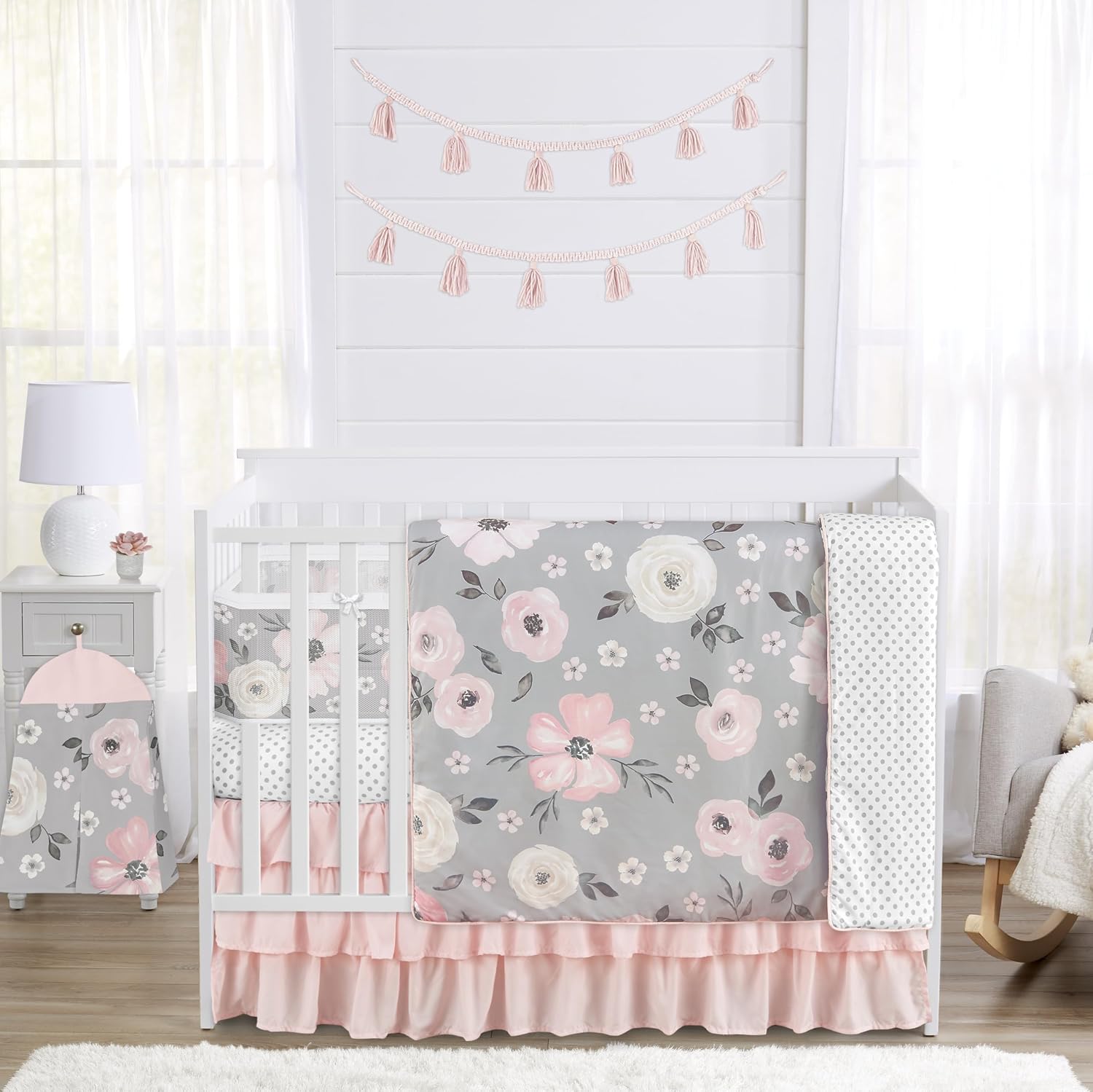 Sweet Jojo Designs 6-Piece Baby Crib Bedding Set (Grey Boho Floral) for Girls, Infants/Nursery incl. BreathableBaby Mesh Liner Blanket, Fitted Sheet, Skirt, Diaper Stacker (Farmhouse, Shabby Chic)