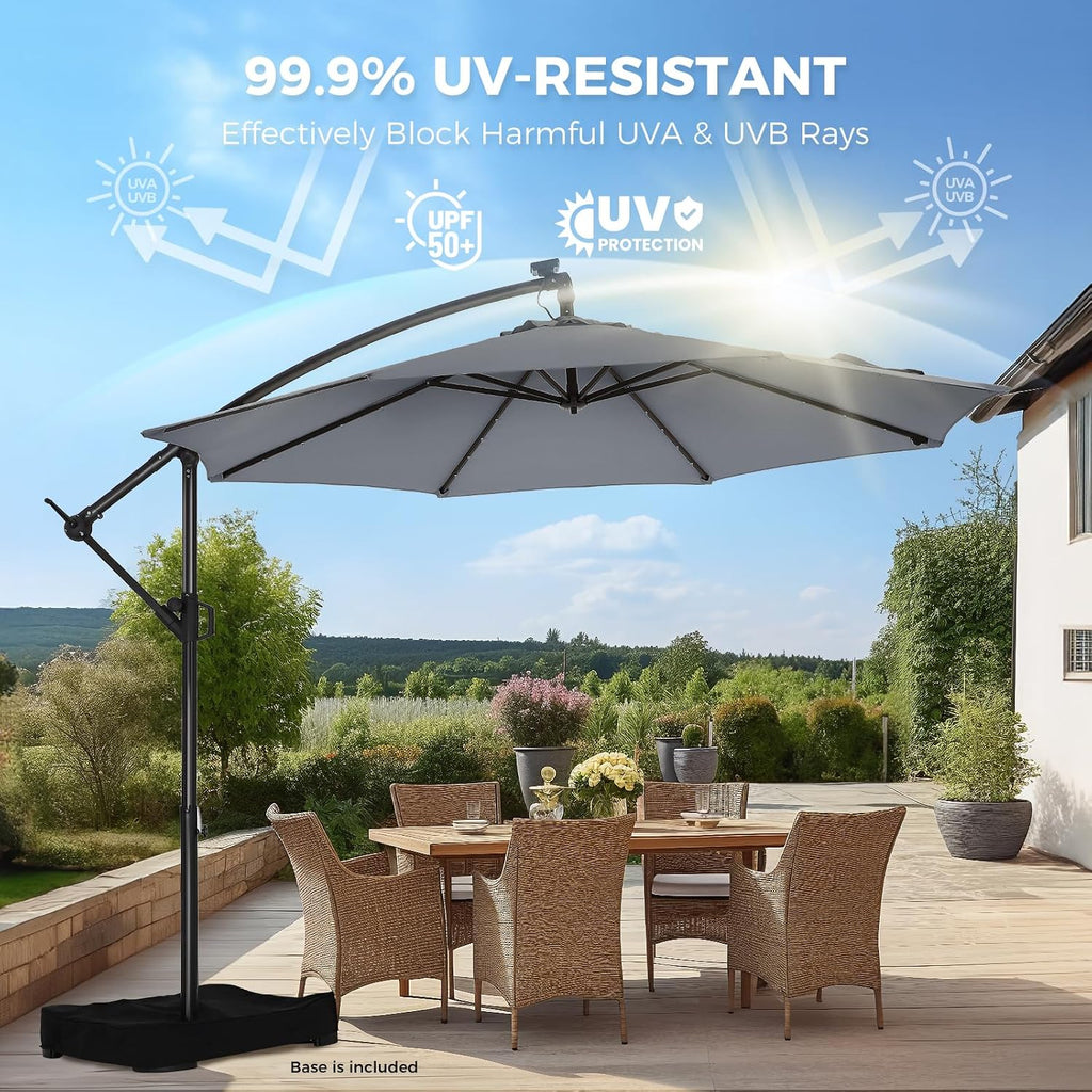 HOMSHADE 10ft Solar Lights Offset Cantilever Patio Umbrella - wtih Light and Base, LED Lighted Offset Hanging Patio Outdoor Market Umbrella UPF50+ UV Protection with Easy Tilt and Crank (Grey)