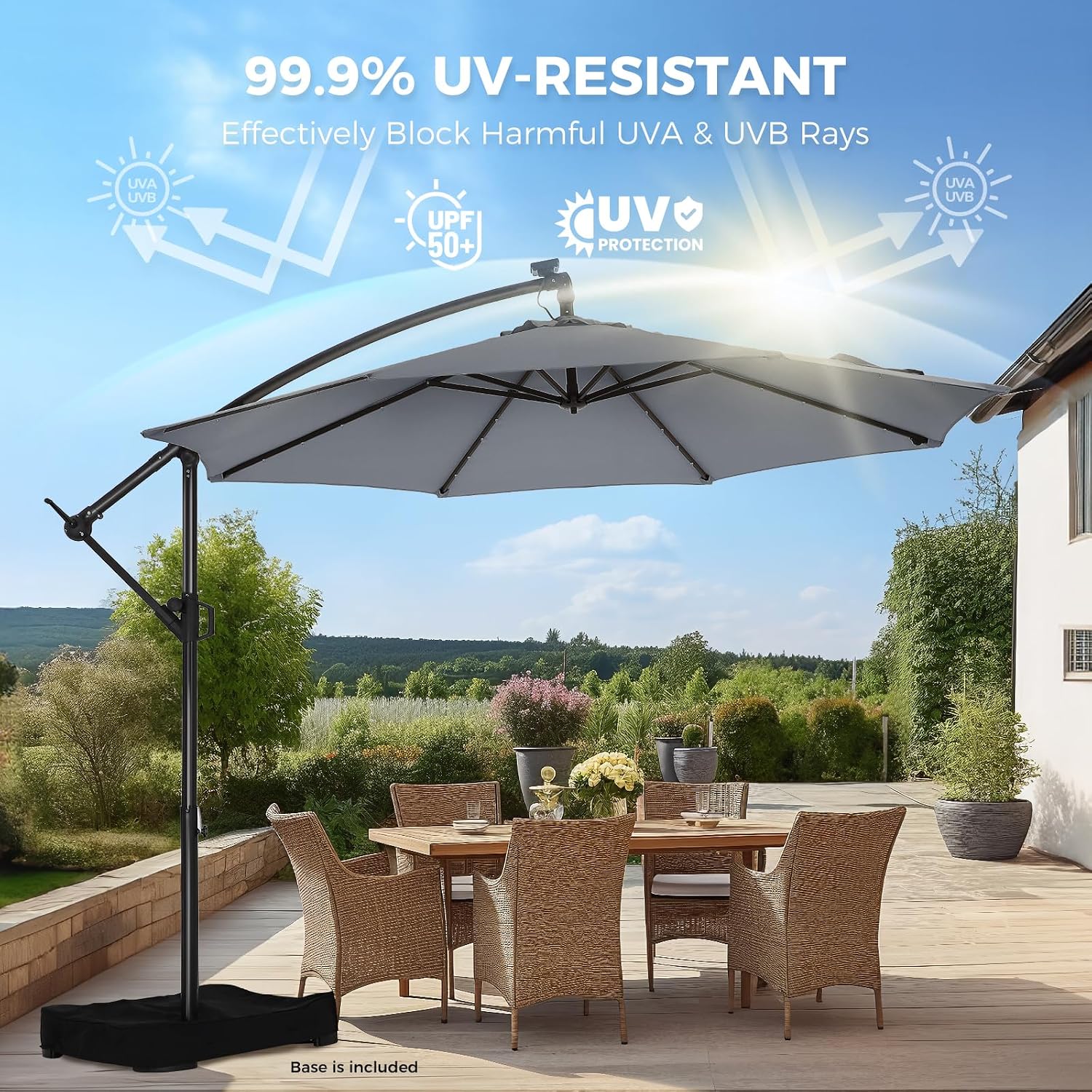 HOMSHADE 10ft Solar Lights Offset Cantilever Patio Umbrella - wtih Light and Base, LED Lighted Offset Hanging Patio Outdoor Market Umbrella UPF50+ UV Protection with Easy Tilt and Crank (Grey)