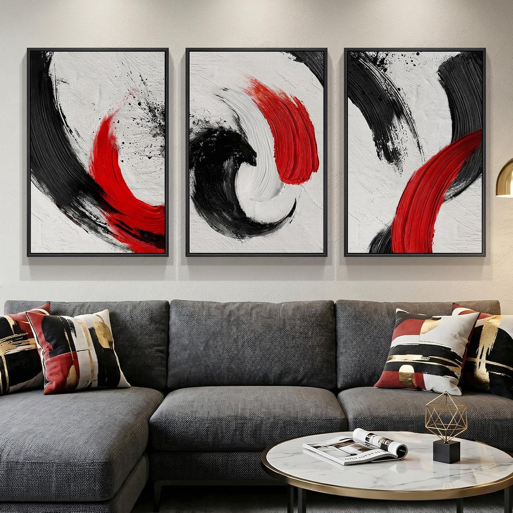 Large Framed Red Black White Abstract Wall Art for Living Room, 3 Piece Modern Canvas Prints Paintings Artwork for Walls, Red Black Minimalist Pictures for Bedroom Hallway Office Wall Decor 24x36 In