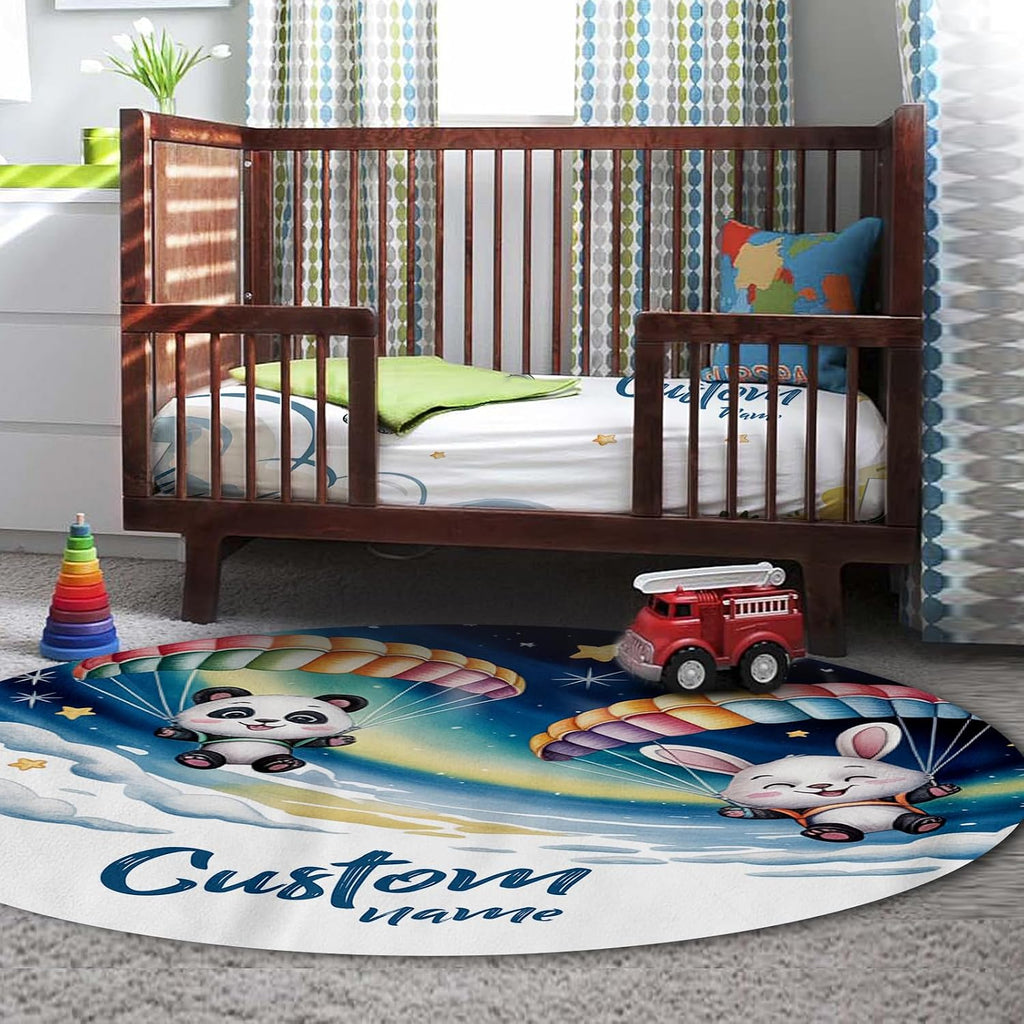 Personalized Crib Bedding Set for Boys, Custom Name Baby Crib Sets 5-Pcs Include Toddler Double Layer Blanket Fitted Sheet Changing Pad Cover Rug Wall Art Set, Elephant Skydiving Pattern Nursery Décor