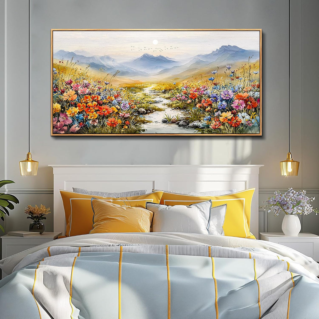 XIGUANGART Extra large Framed Wall Art, Floral Wall Decor,Flower Pictures Wall Decor, Wildflower Botanical Wall Art, Landscape Canvas Painting for Living Room Bedroom Kitchen Sofa Farmhouse 30'x60'