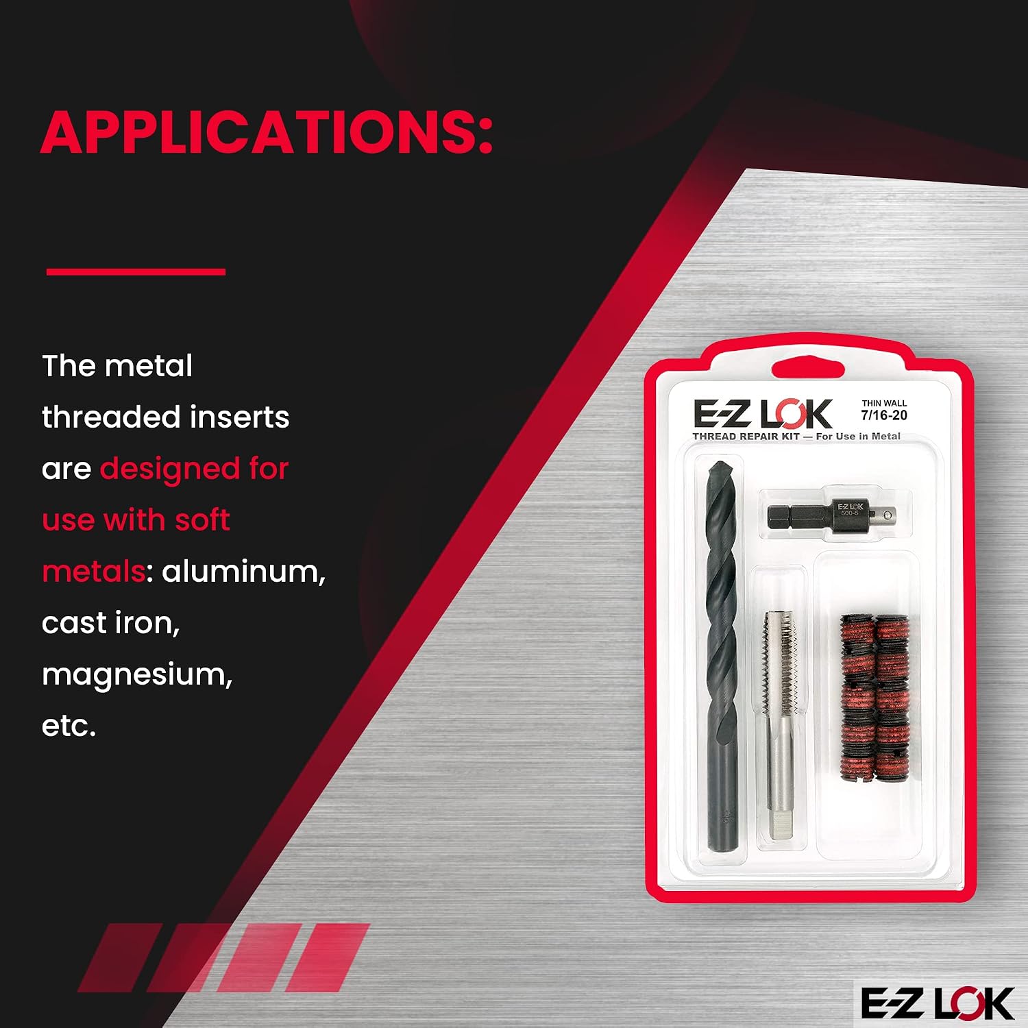 E-Z LOK EZ-310-720 Thread Repair Kit for Metal Carbon Steel Threaded Inserts 7/16-20 and Installation Tools