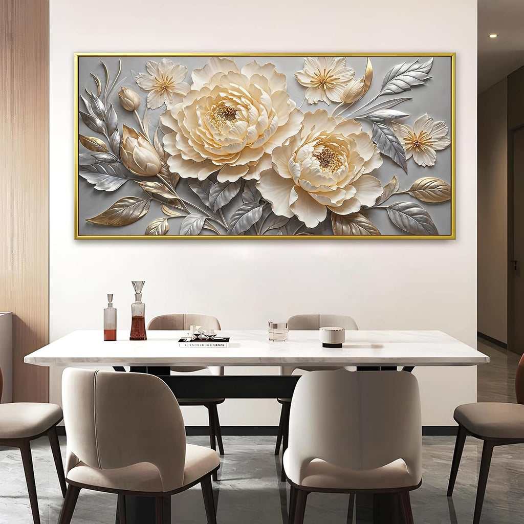 Large Canvas Art Wall Decor Print Silver White Flowers Wall Art Picture Modern Landscape Artwork Painting Gold Framed Wall Art For Living Room Bedroom Home Office Prints Artwork 29' X 58'