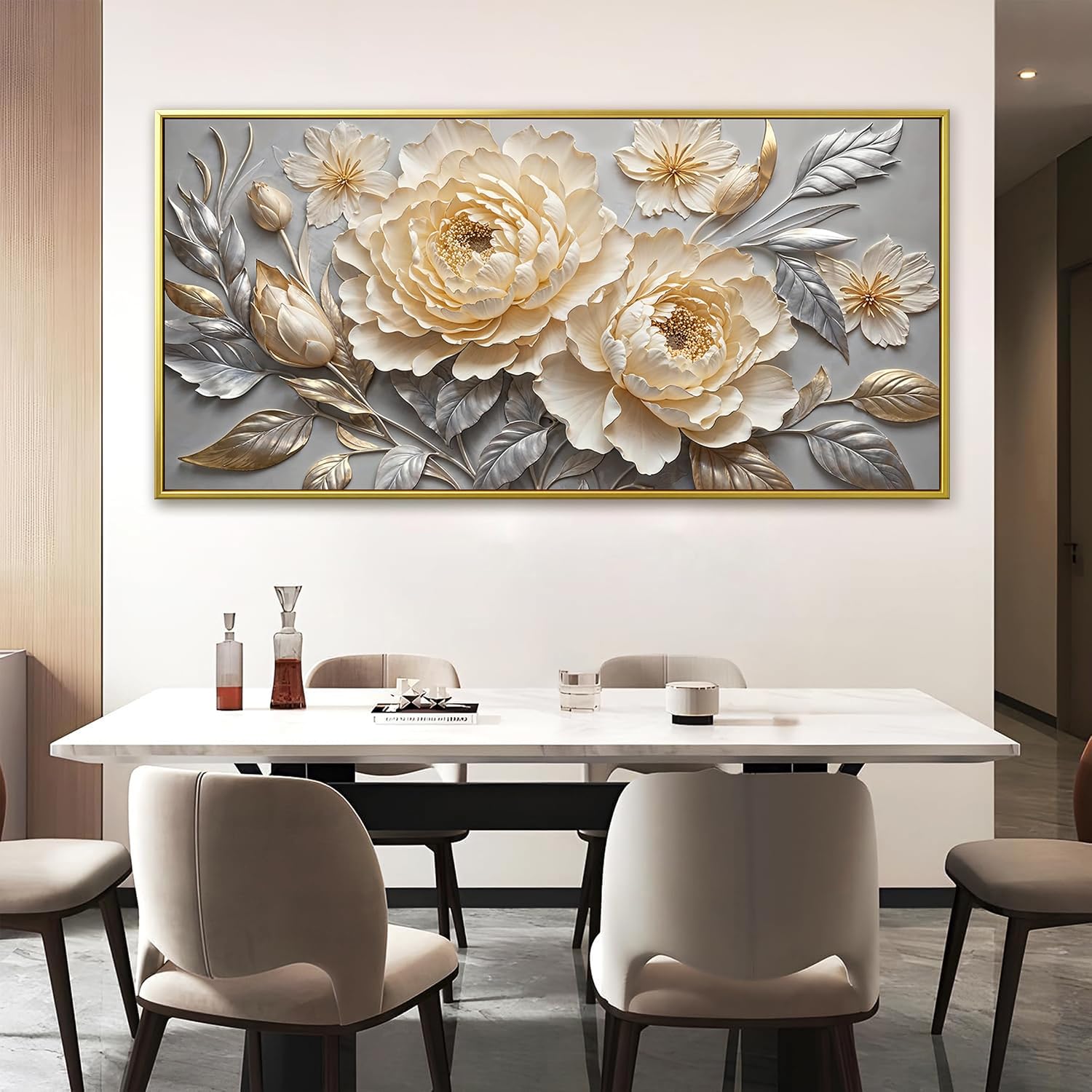 Large Canvas Art Wall Decor Print Silver White Flowers Wall Art Picture Modern Landscape Artwork Painting Gold Framed Wall Art For Living Room Bedroom Home Office Prints Artwork 29' X 58'