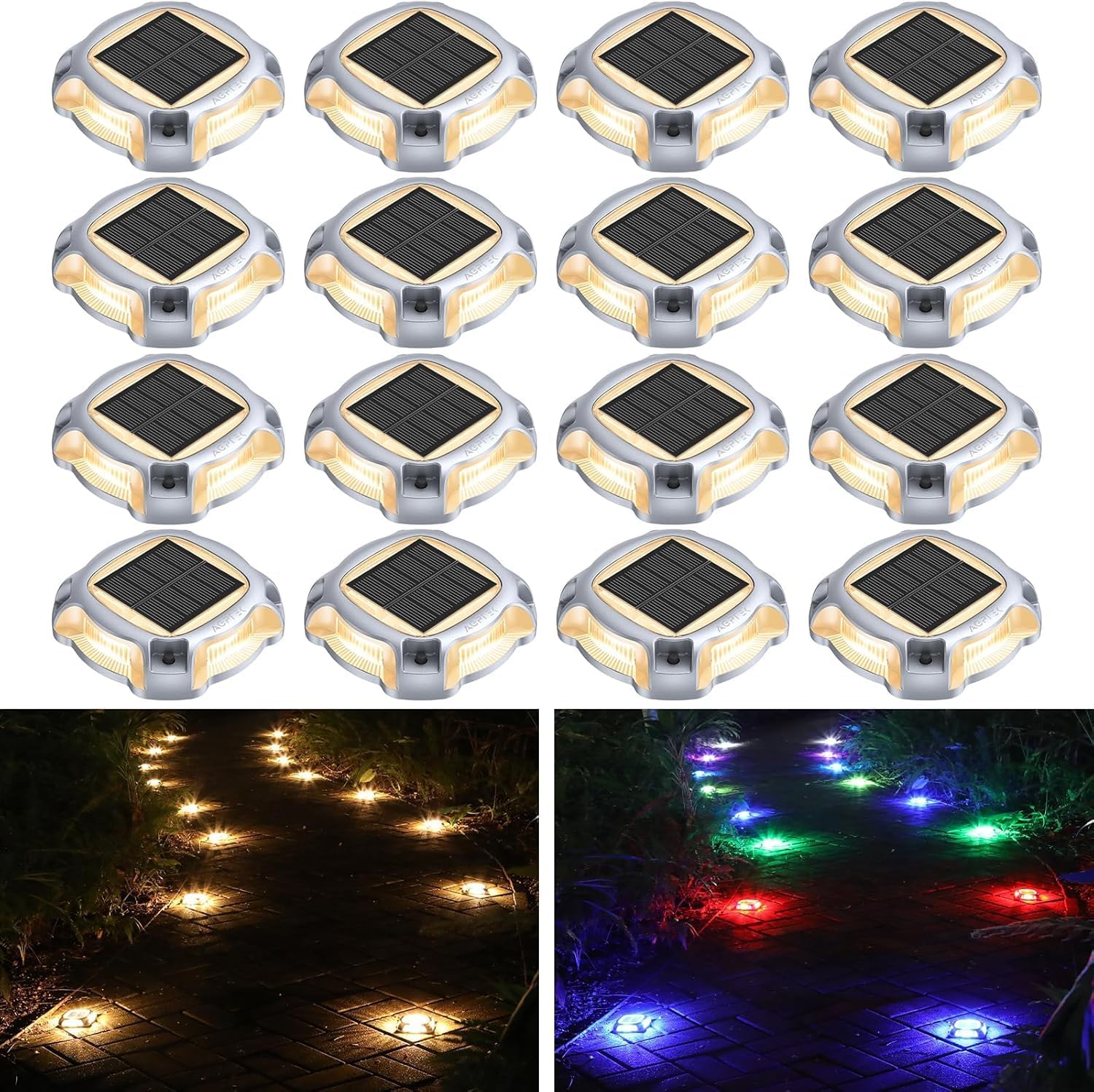 AGPTEK Metal Multi-Colors In 1 Solar Driveway Lights Outdoor 16 Pack, Aluminum RGB Deck Dock Marine LED Solar Powered Waterproof Decorative Marker Security Light for Garden, Yard, Step, Sidewalk, Path