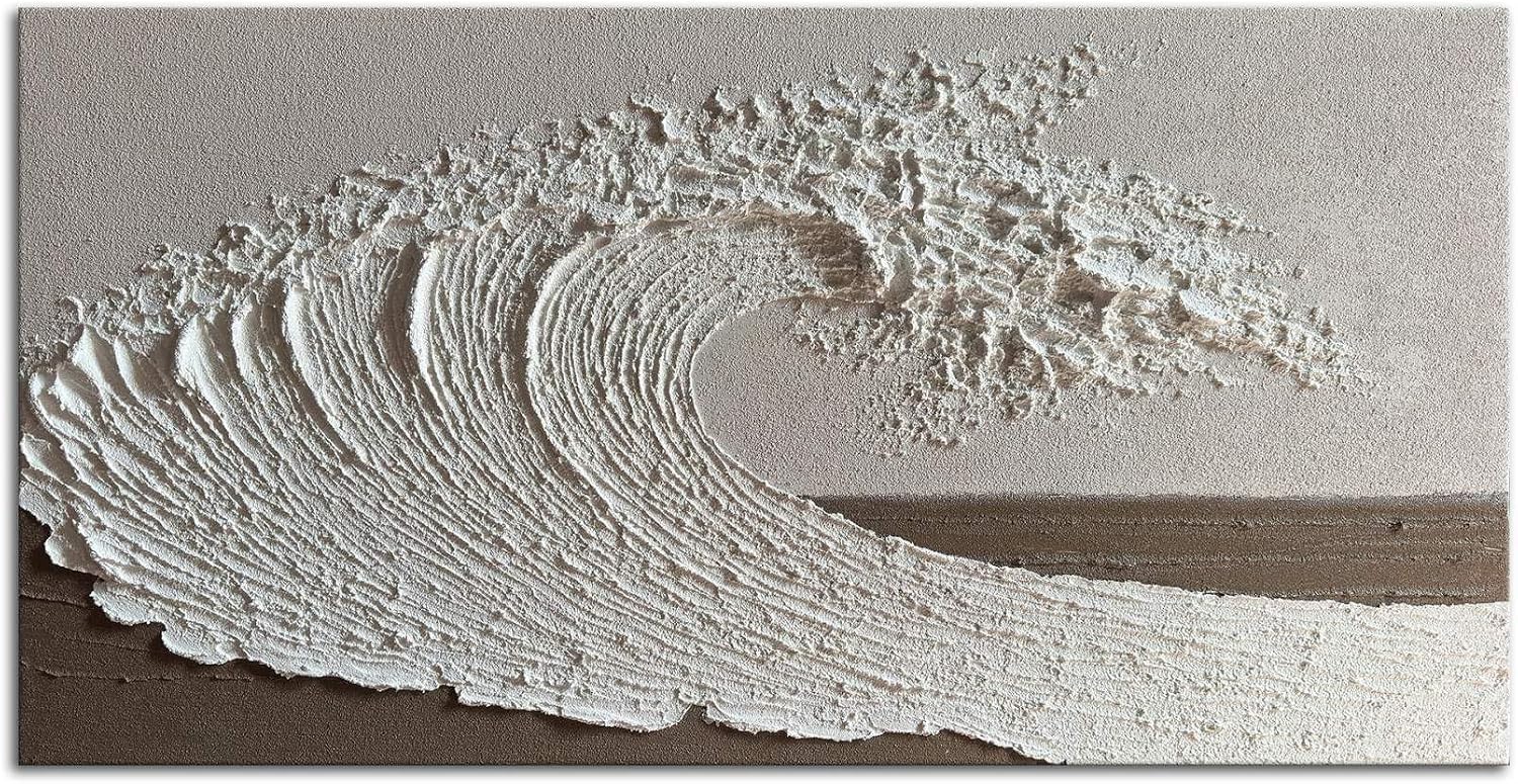 Slyart Abstract Ocean Wave Wall Art, White Textured Oil Painting on Canvas, Modern Minimalist Wall Decor