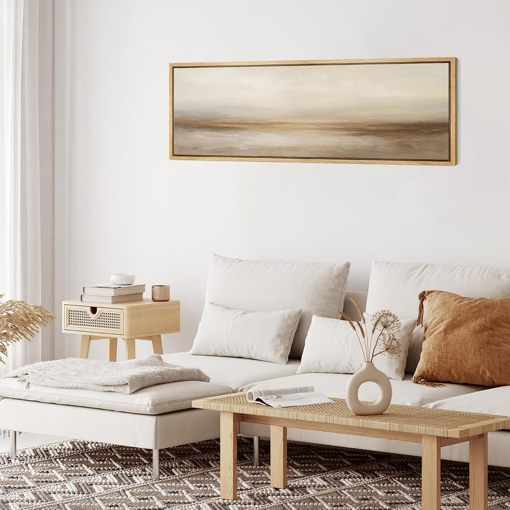 MUDECOR Large Framed Canvas Print Wall Art Neutral Beige Horizon Abstract Modern Minimalist Landscape Illustrations Decorative Colorful for Bedroom - 60'x20'